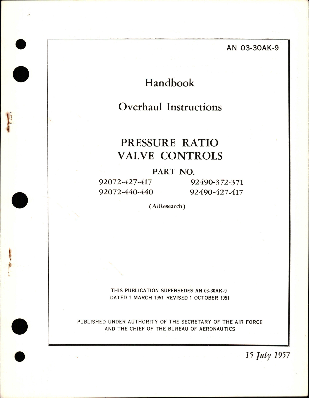 Sample page 1 from AirCorps Library document: Overhaul Instructions for Pressure Ratio Valve Controls 