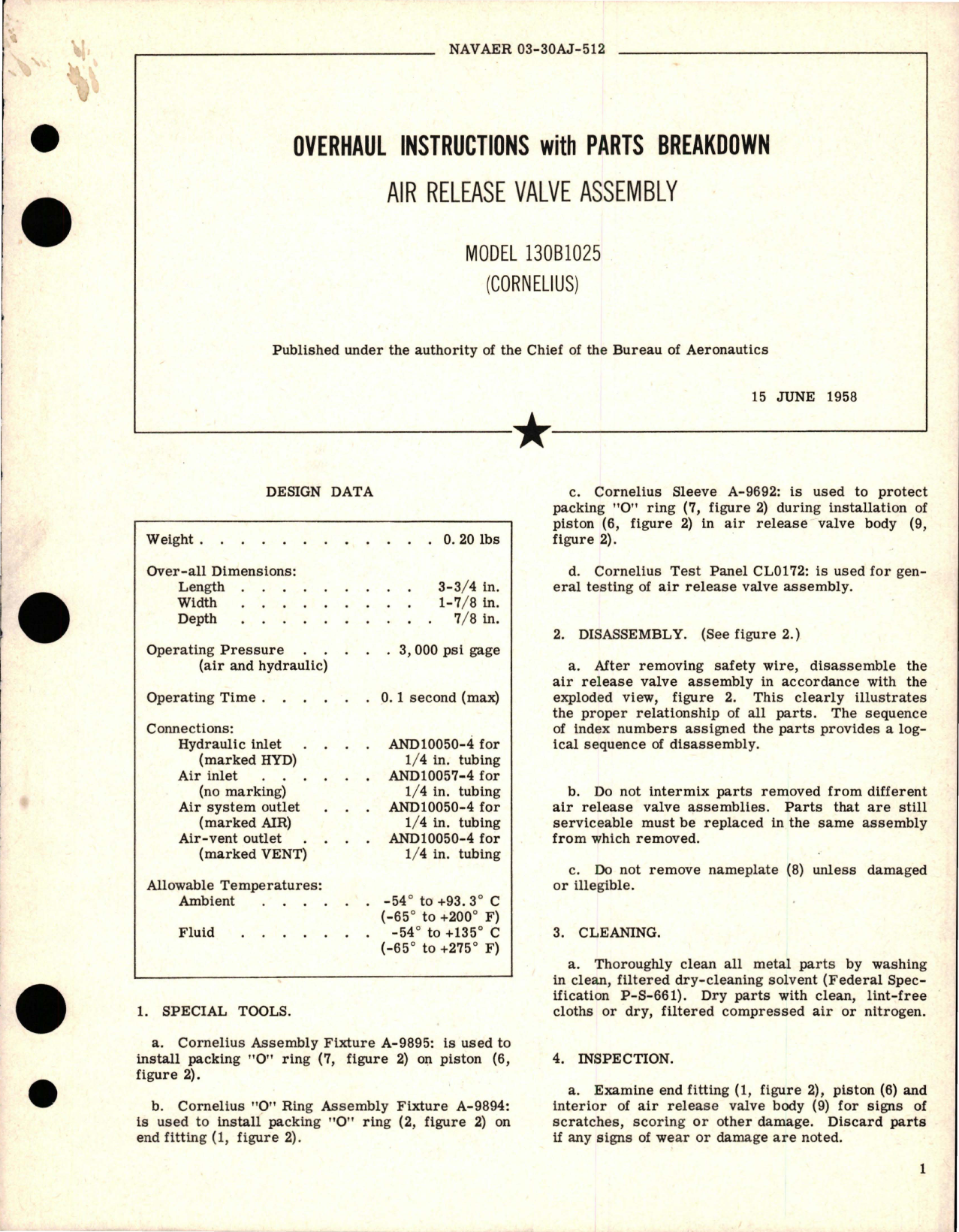 Sample page 1 from AirCorps Library document: Overhaul Instructions with Parts Breakdown for Air Release Valve Assembly - Model 130B1025