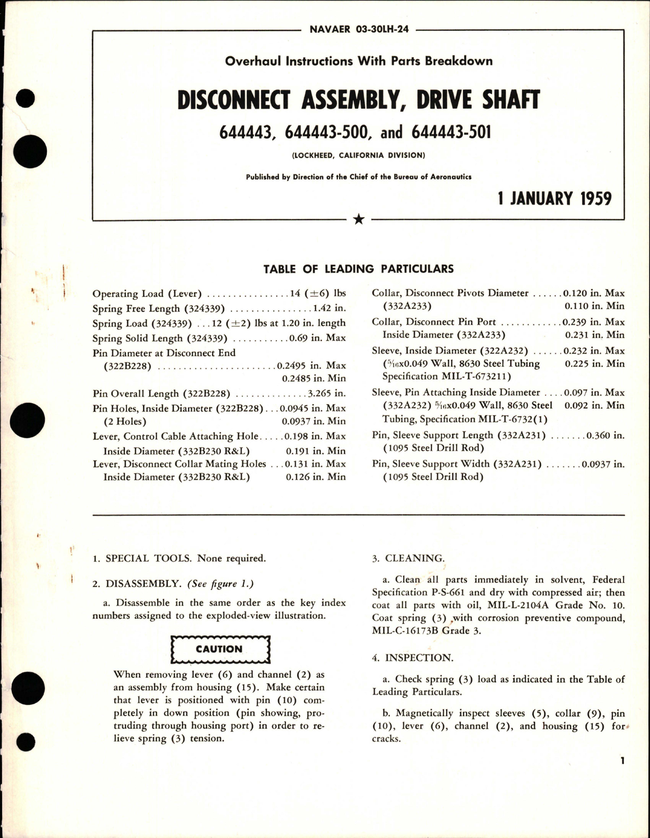Sample page 1 from AirCorps Library document: Overhaul Instructions with Parts Breakdown for Drive Shaft Disconnect Assembly - 644443, 644443-500, and 644443-501