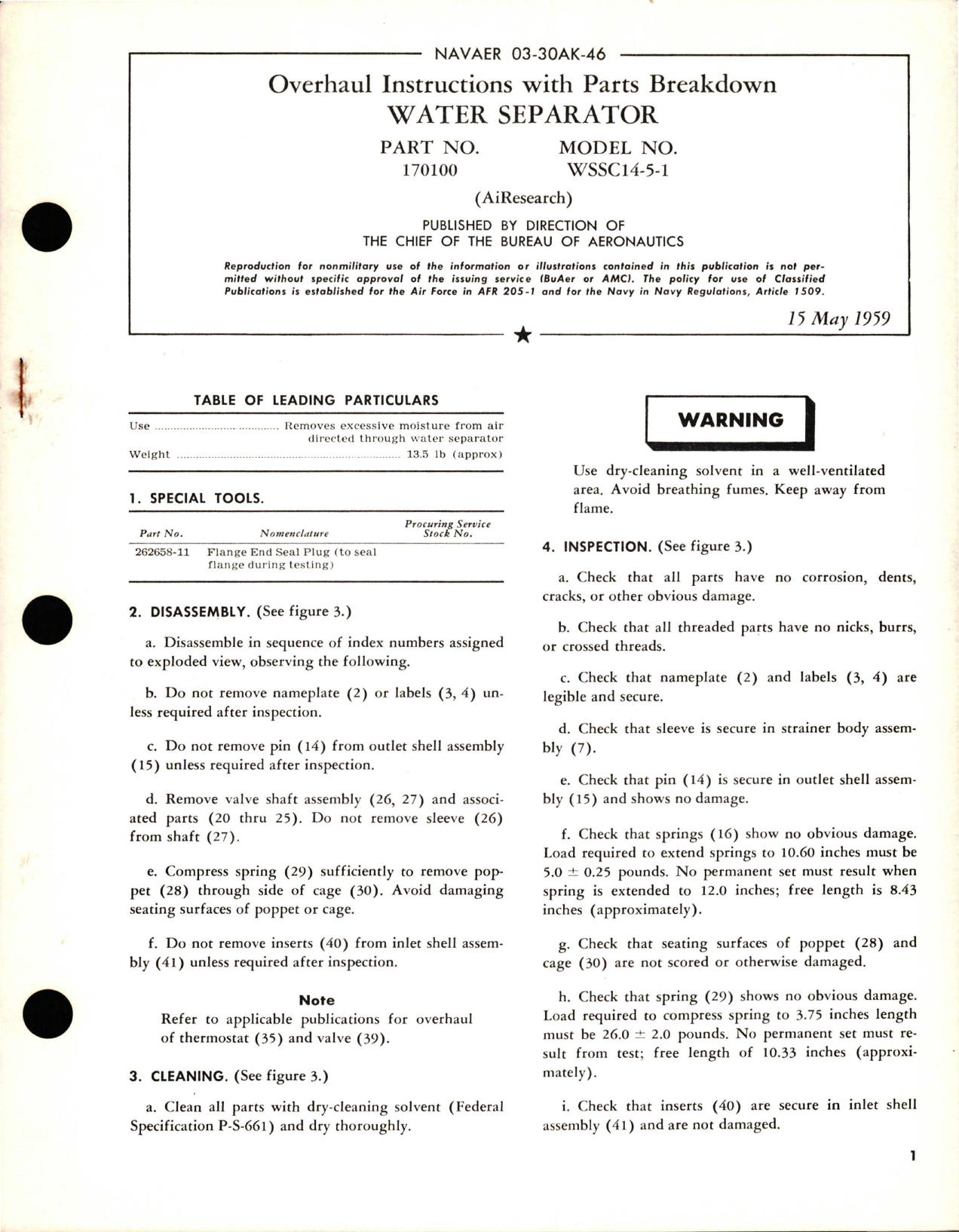 Sample page 1 from AirCorps Library document: Overhaul Instructions with Parts Breakdown for Water Separator - Part 170100 - Model WSSC14-5-1 