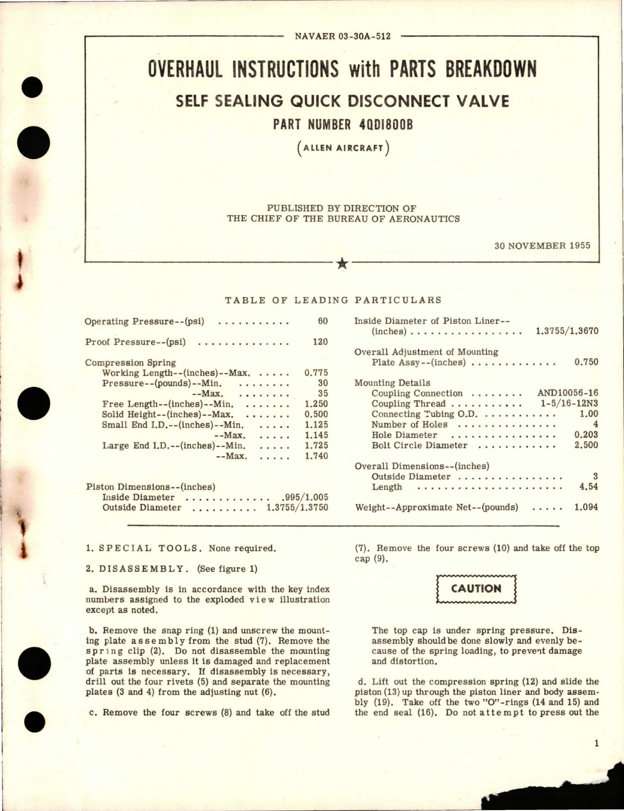 Sample page 1 from AirCorps Library document: Overhaul Instructions with Parts Breakdown for Self Sealing Quick Disconnect Valve - Part 4QD1800B 