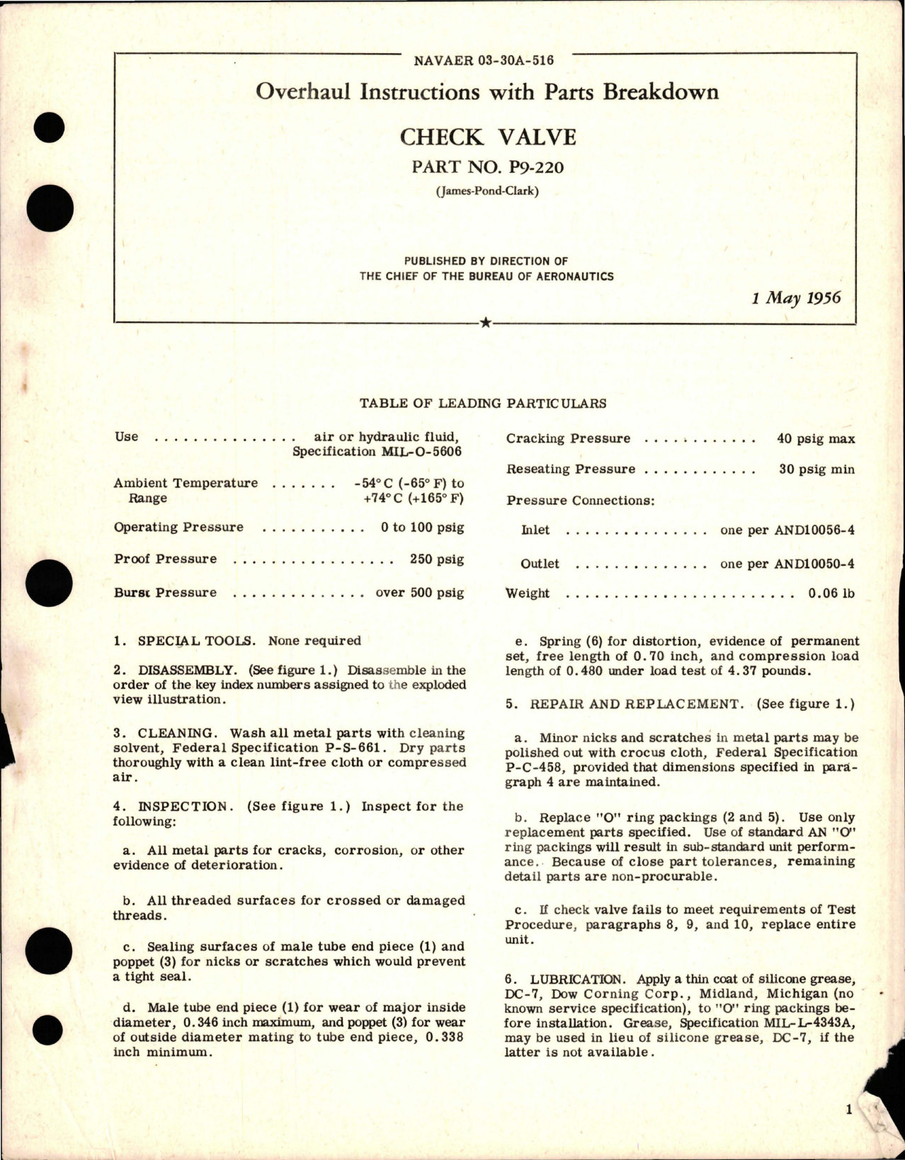 Sample page 1 from AirCorps Library document: Overhaul Instructions with Parts Breakdown for Check Valve - Part P9-220 