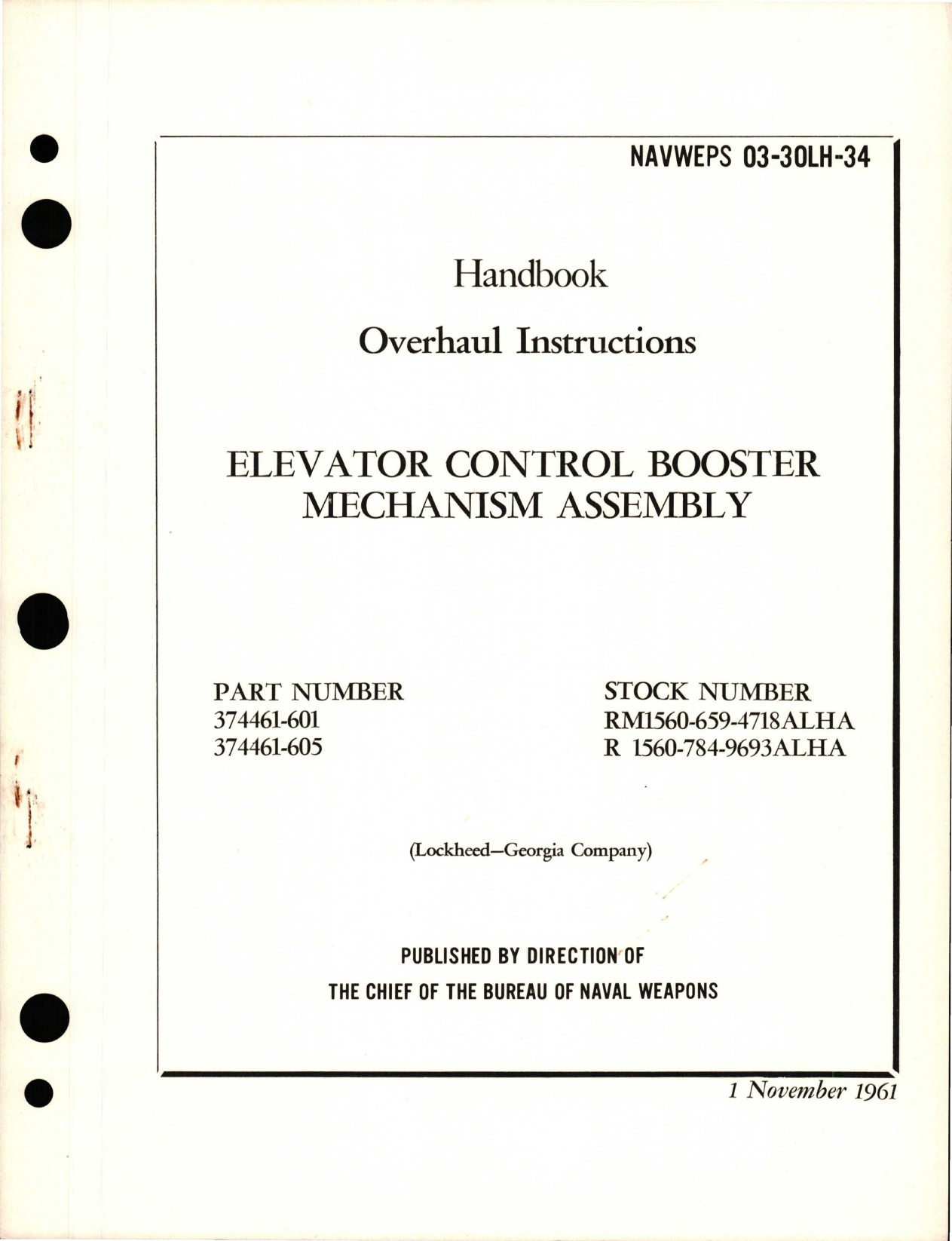 Sample page 1 from AirCorps Library document: Overhaul Instructions for Elevator Control Booster Mechanism Assembly - Parts 374461-601 and 374461-605 