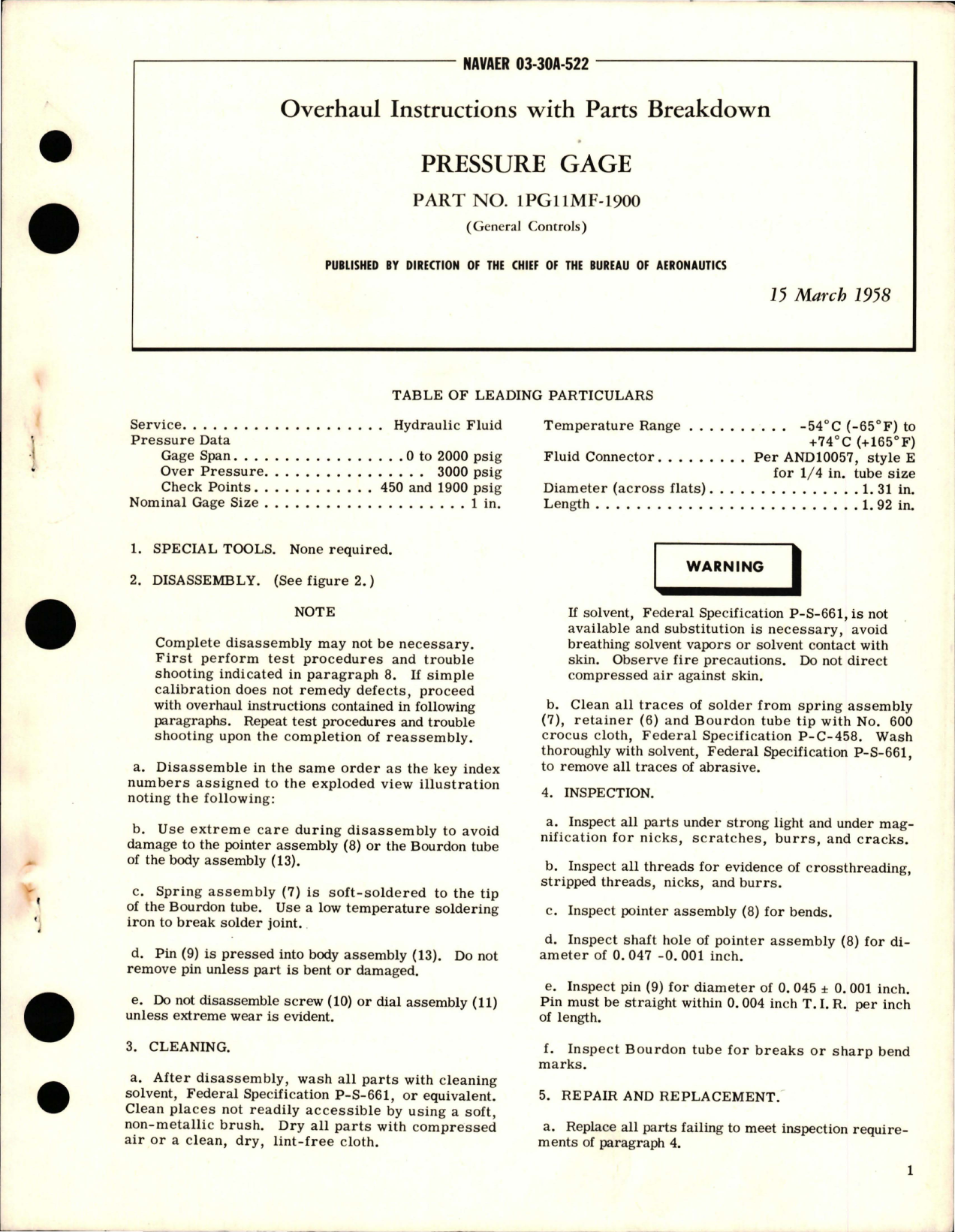 Sample page 1 from AirCorps Library document: Overhaul Instructions with Parts Breakdown for Pressure Gage - Part 1PG11MF-1900 
