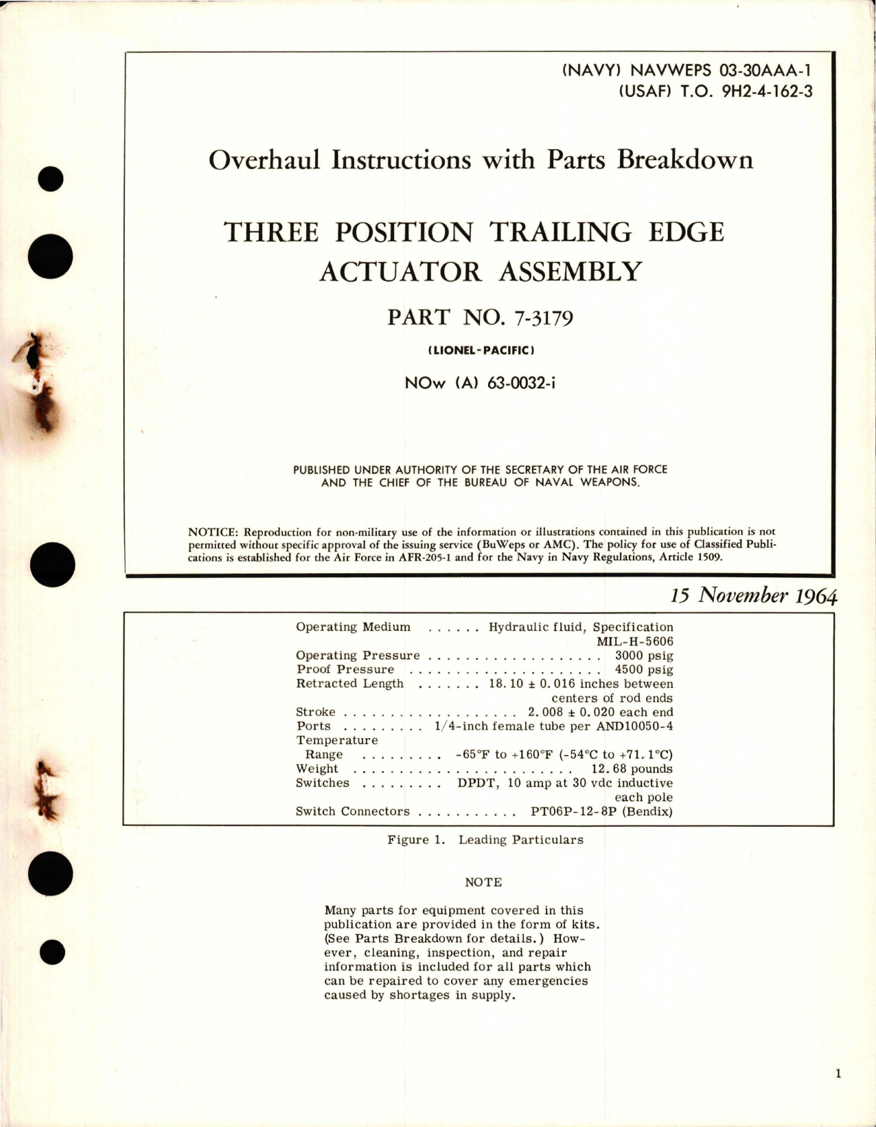 Sample page 1 from AirCorps Library document: Overhaul Instructions with Parts Breakdown for Three Position Trailing Edge Actuator Assembly - Part 7-3179