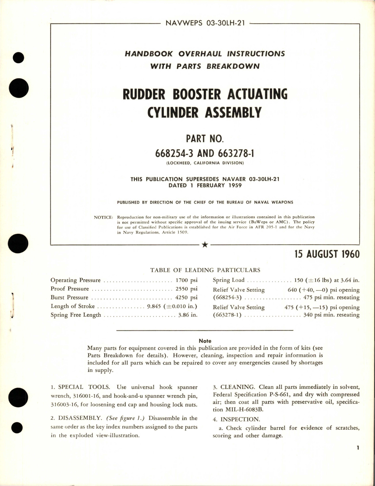 Sample page 1 from AirCorps Library document: Overhaul Instructions with Parts Breakdown for Rudder Booster Actuating Cylinder Assembly - Part 668254-3 and 663278-1 