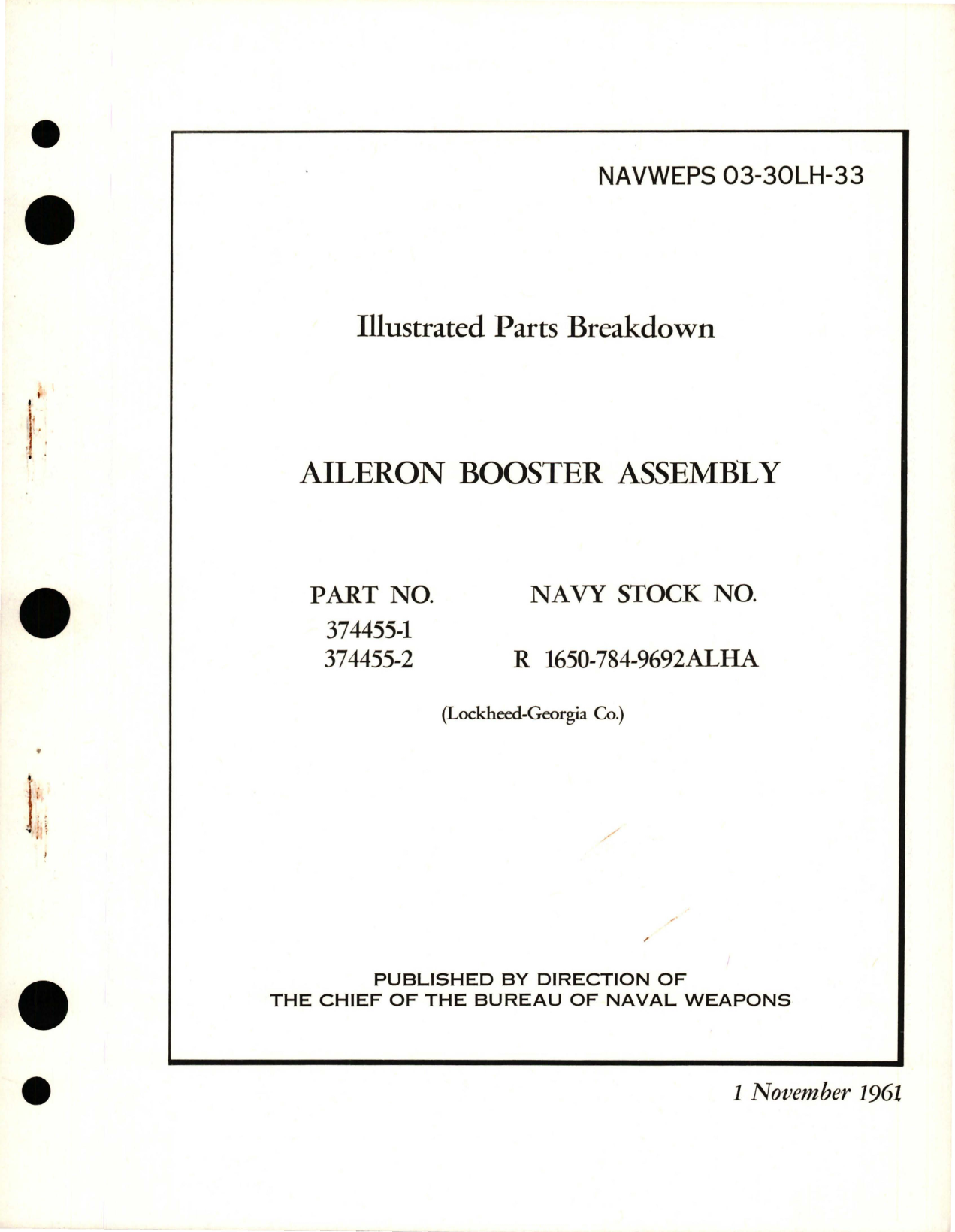 Sample page 1 from AirCorps Library document: Illustrated Parts Breakdown for Aileron Booster Assembly - Parts 374455-1 and 374455-2 