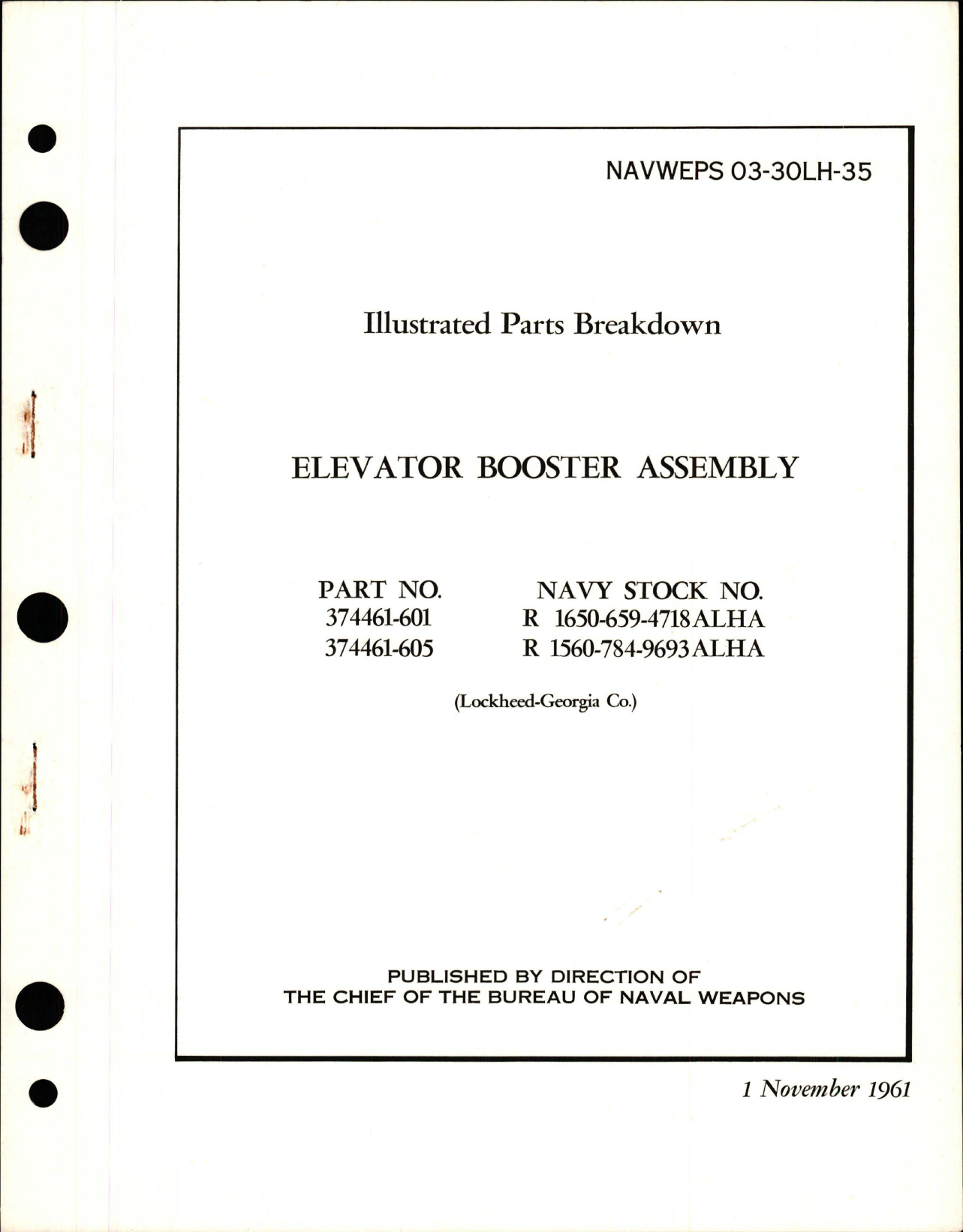 Sample page 1 from AirCorps Library document: Illustrated Parts Breakdown for Elevator Booster Assembly - Parts 374461-601 and 374461-605
