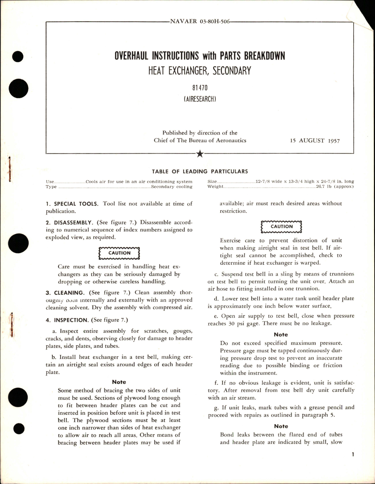 Sample page 1 from AirCorps Library document: Overhaul Instructions with Parts Breakdown for Secondary Heat Exchanger - 81470