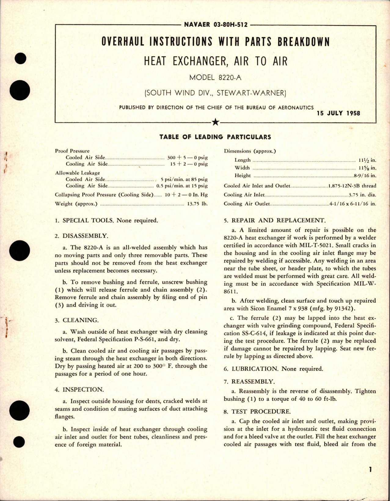 Sample page 1 from AirCorps Library document: Overhaul Instructions with Parts Breakdown for Air to Air Heat Exchanger - Model 8220-A