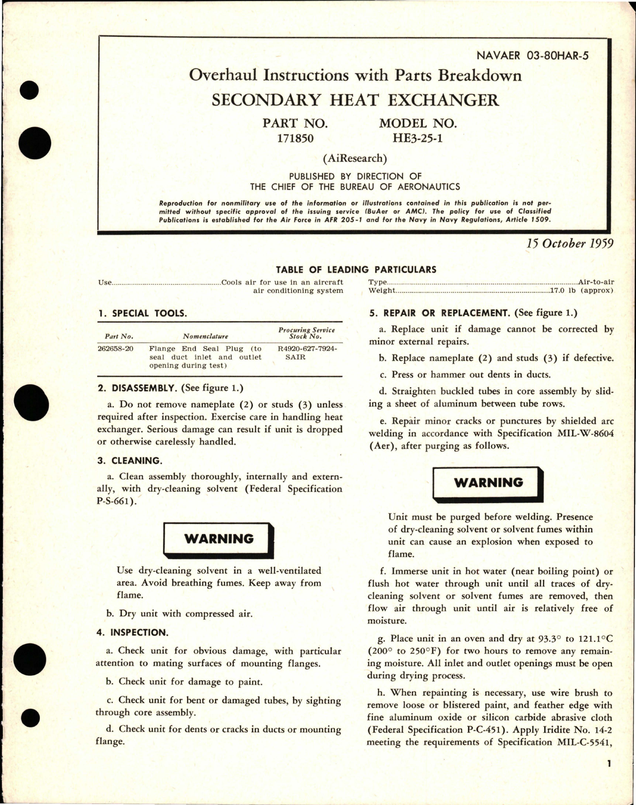 Sample page 1 from AirCorps Library document: Overhaul Instructions with Parts Breakdown for Secondary Heat Exchanger - Part 171850 - Model HE3-25-1