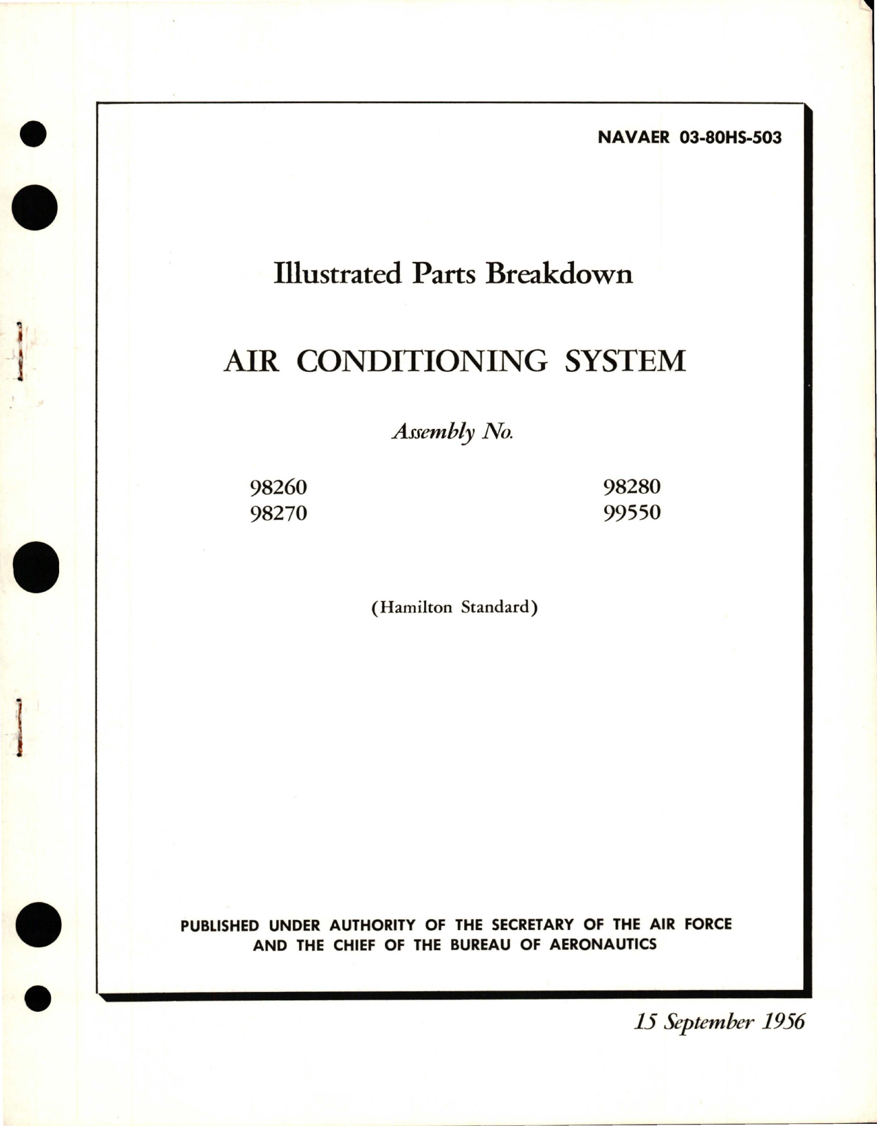 Sample page 1 from AirCorps Library document: Illustrated Parts Breakdown for Air Conditioning System - Assembly No 98260, 98270, 98280, and 99550 