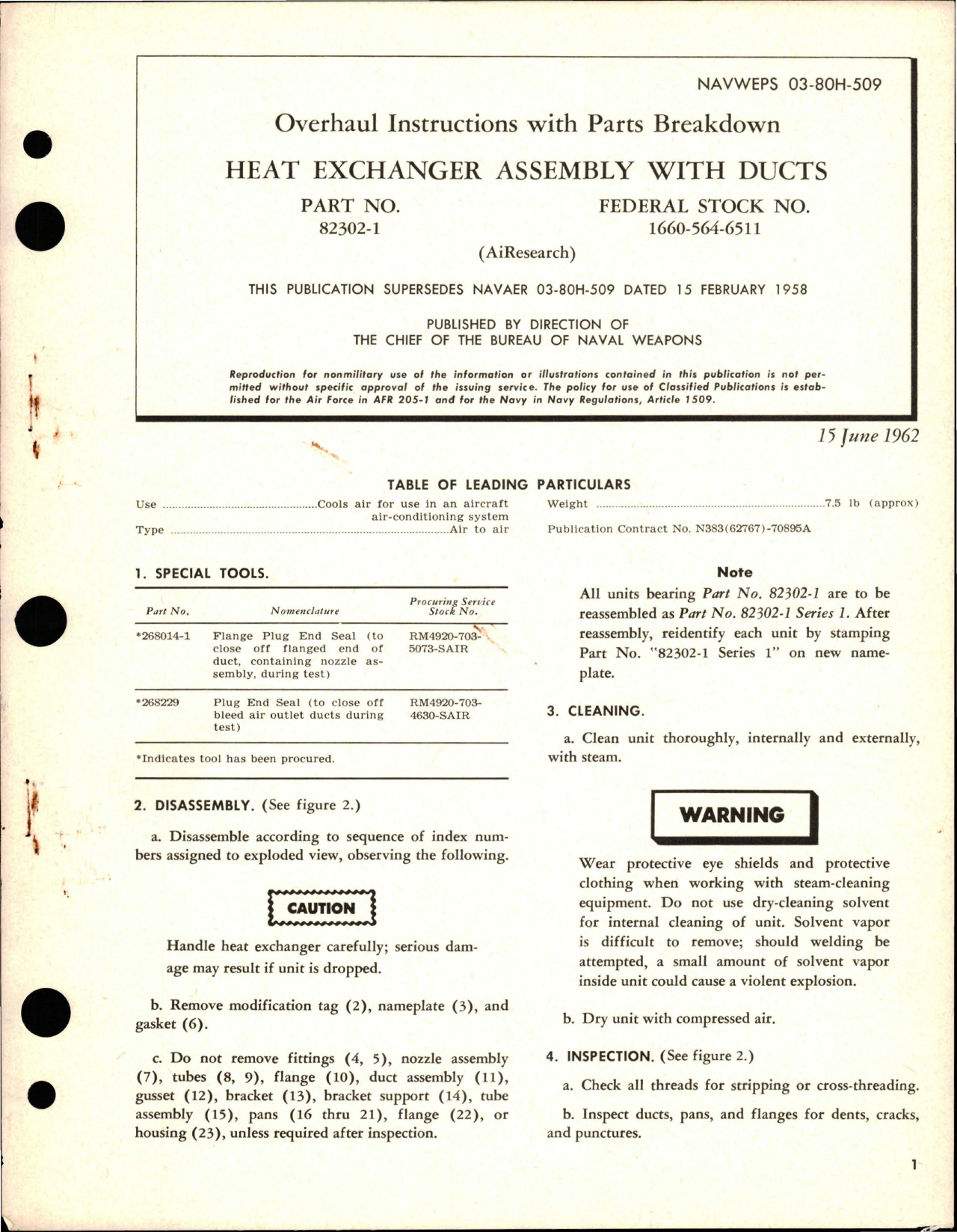 Sample page 1 from AirCorps Library document: Overhaul Instructions with Parts Breakdown for Heat Exchanger Assembly with Ducts - Part 82302-1
