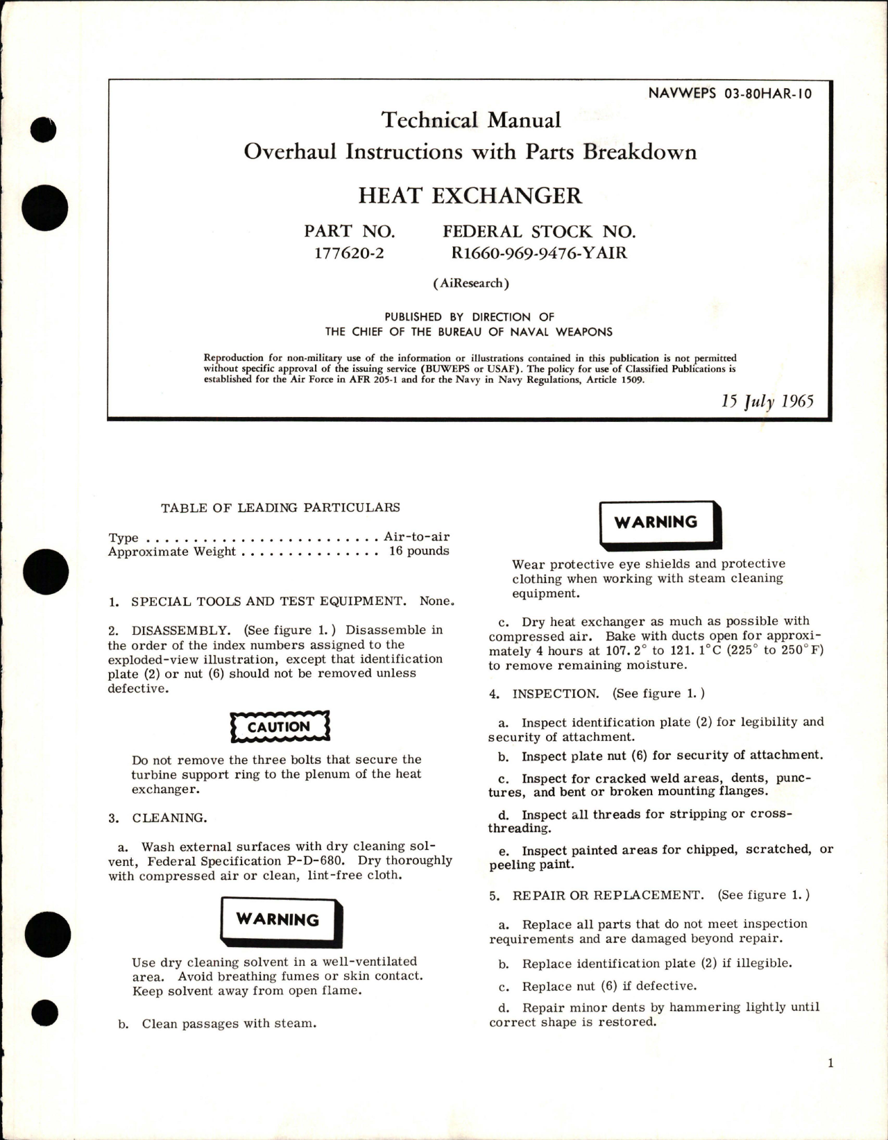 Sample page 1 from AirCorps Library document: Overhaul Instructions with Parts Breakdown for Heat Exchanger - Part 177620-2