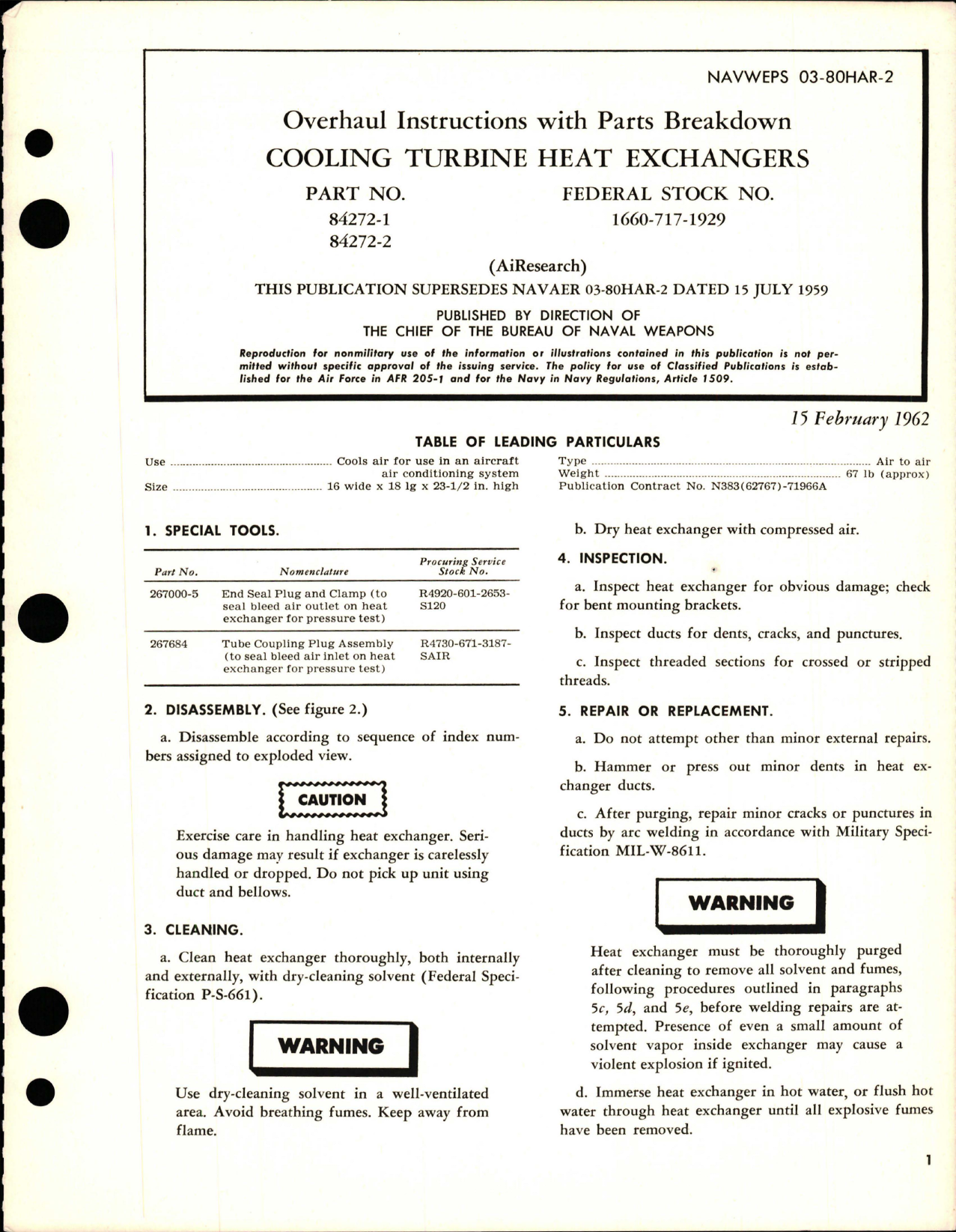Sample page 1 from AirCorps Library document: Overhaul Instructions with Parts Breakdown for Cooling Turbine Heat Exchangers - Parts 84272-1 and 84272-2 
