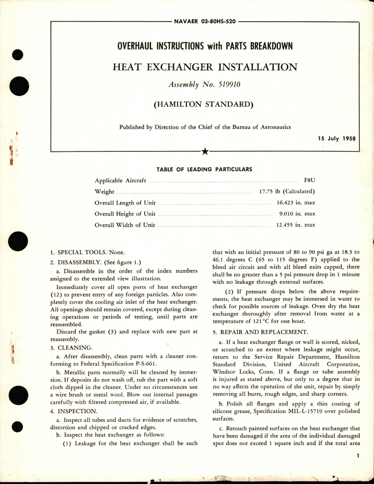 Sample page 1 from AirCorps Library document: Overhaul Instructions with Parts Breakdown for Heat Exchanger Installation - Assembly 519910 
