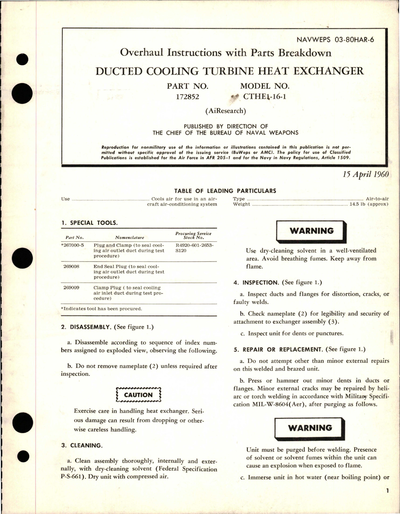 Sample page 1 from AirCorps Library document: Overhaul Instructions with Parts Breakdown for Ducted Cooling Turbine Heat Exchanger - Part 172852 - Model CTHE1-16-1
