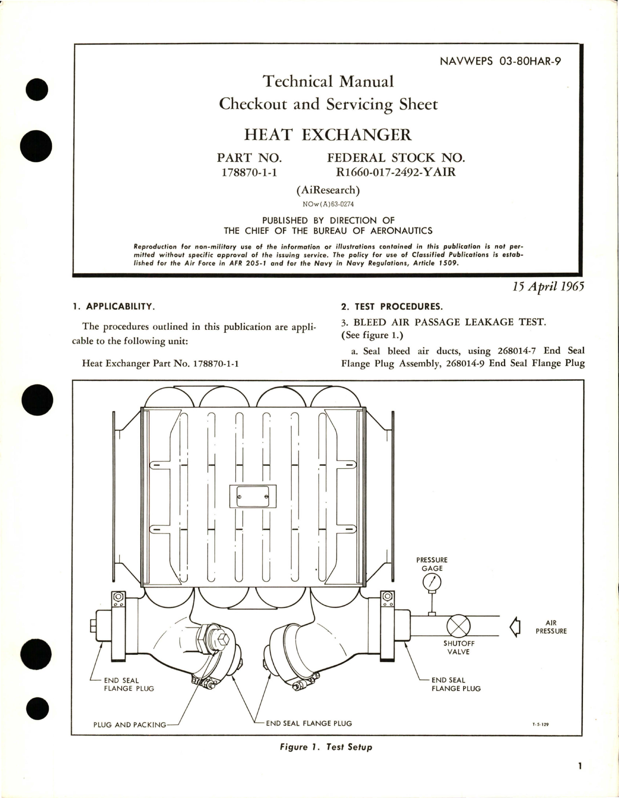 Sample page 1 from AirCorps Library document: Checkout and Servicing Sheet for Heat Exchanger - Part 178870-1-1 
