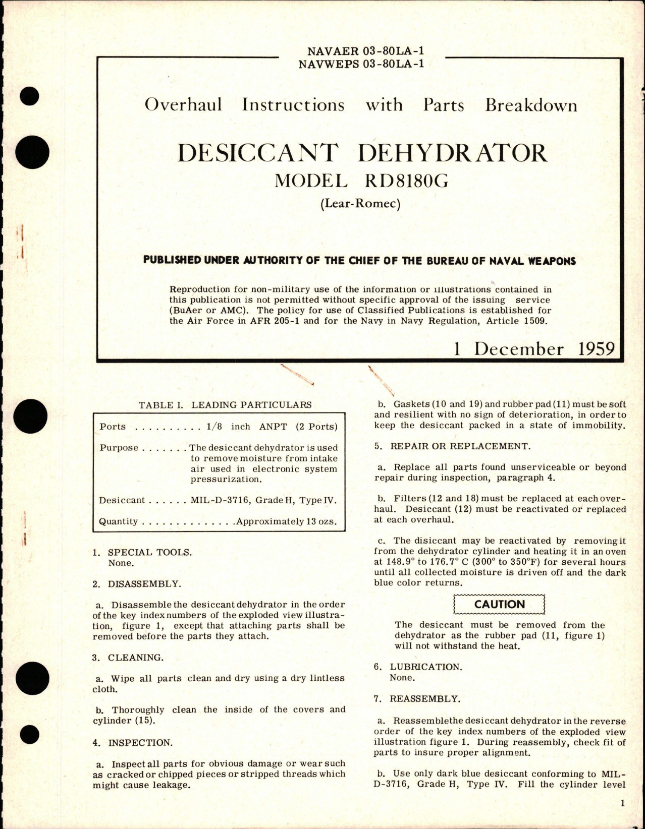Sample page 1 from AirCorps Library document: Overhaul Instructions with Parts Breakdown for Desiccant Dehydrator - Model RD8180G 