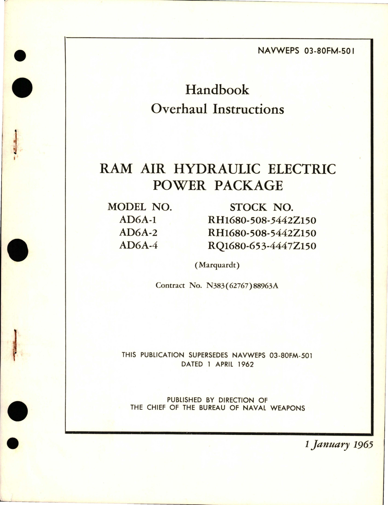 Sample page 1 from AirCorps Library document: Overhaul Instructions for Ram Air Hydraulic Electric Power Package - Models AD6A-1, AD6A-2, and AD6A-4