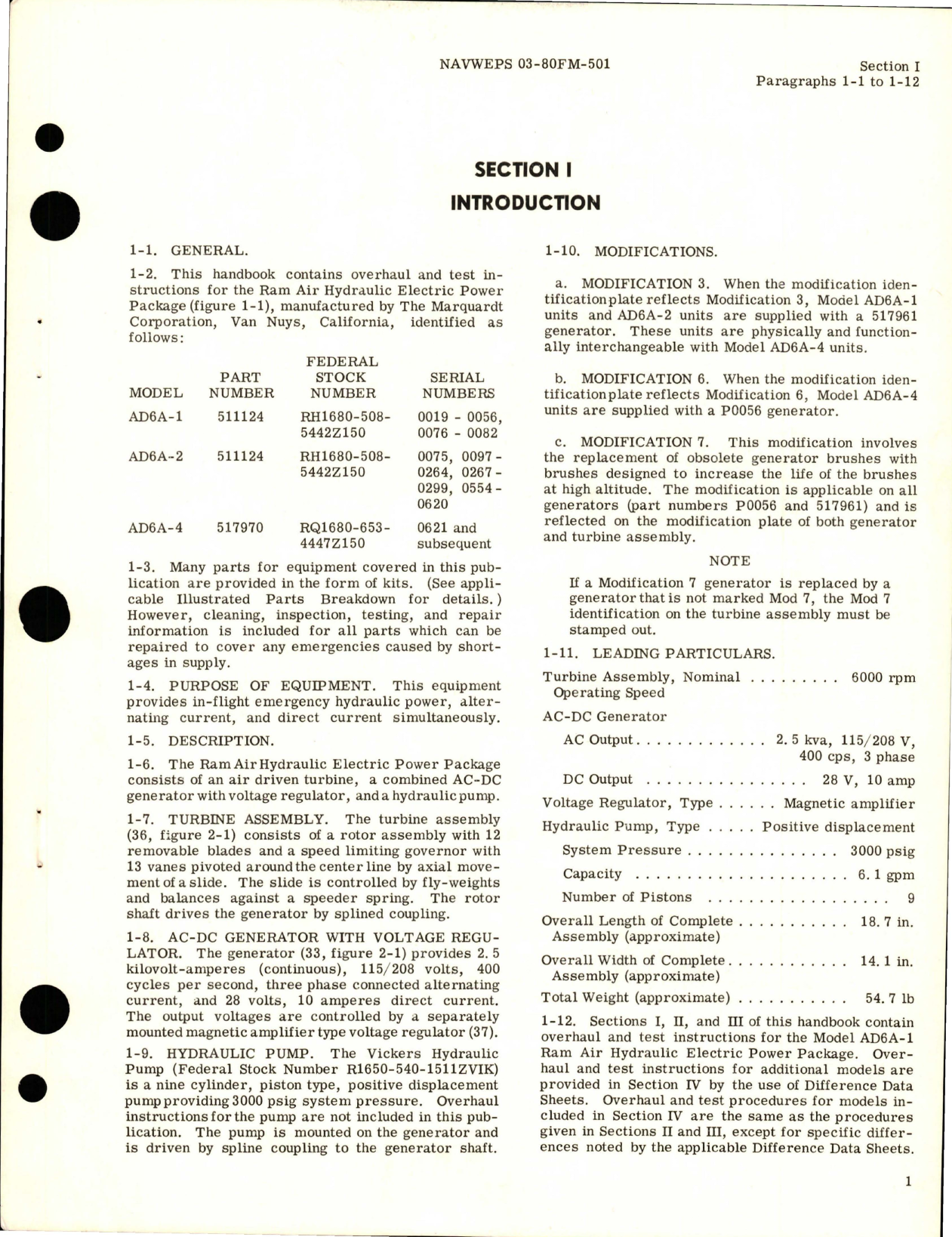 Sample page 5 from AirCorps Library document: Overhaul Instructions for Ram Air Hydraulic Electric Power Package - Models AD6A-1, AD6A-2, and AD6A-4