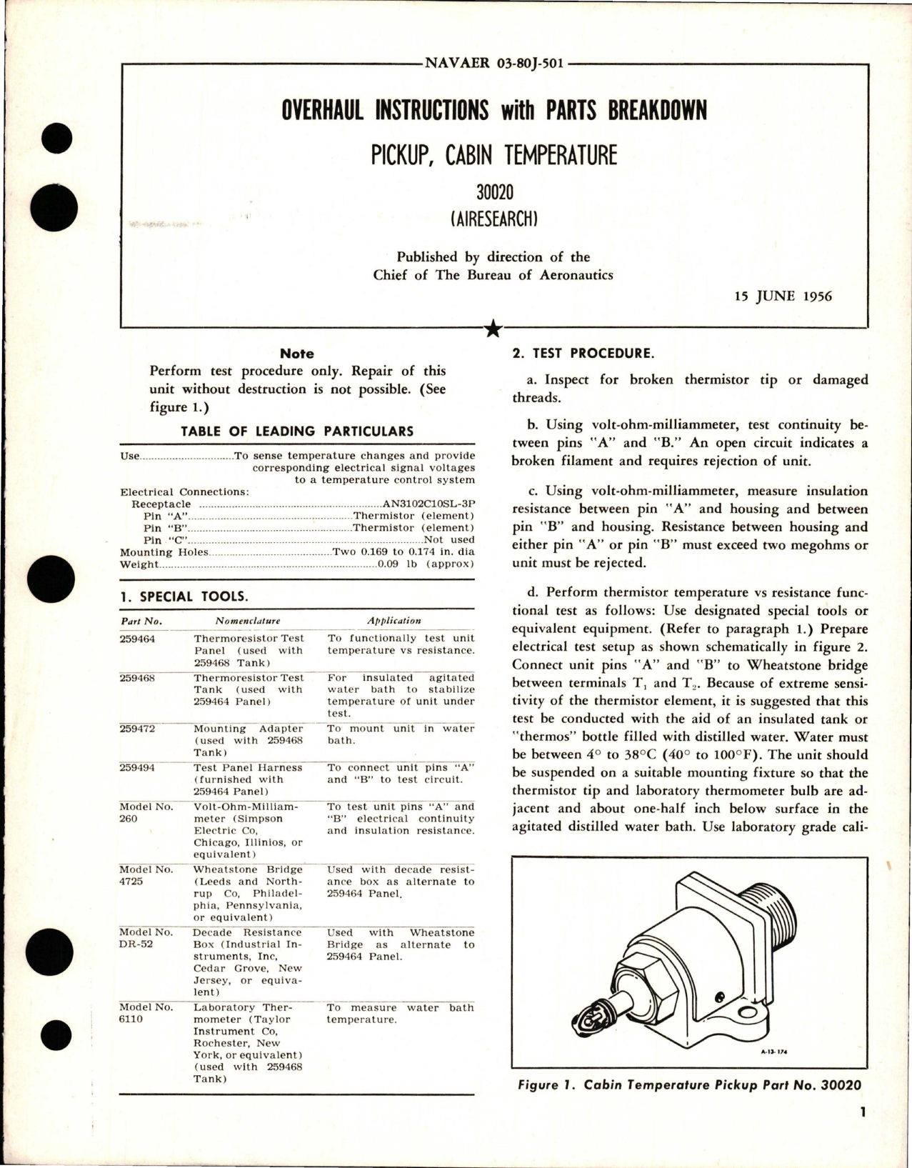 Sample page 1 from AirCorps Library document: Overhaul Instructions with Parts Breakdown for Cabin Temperature Pickup - 30020