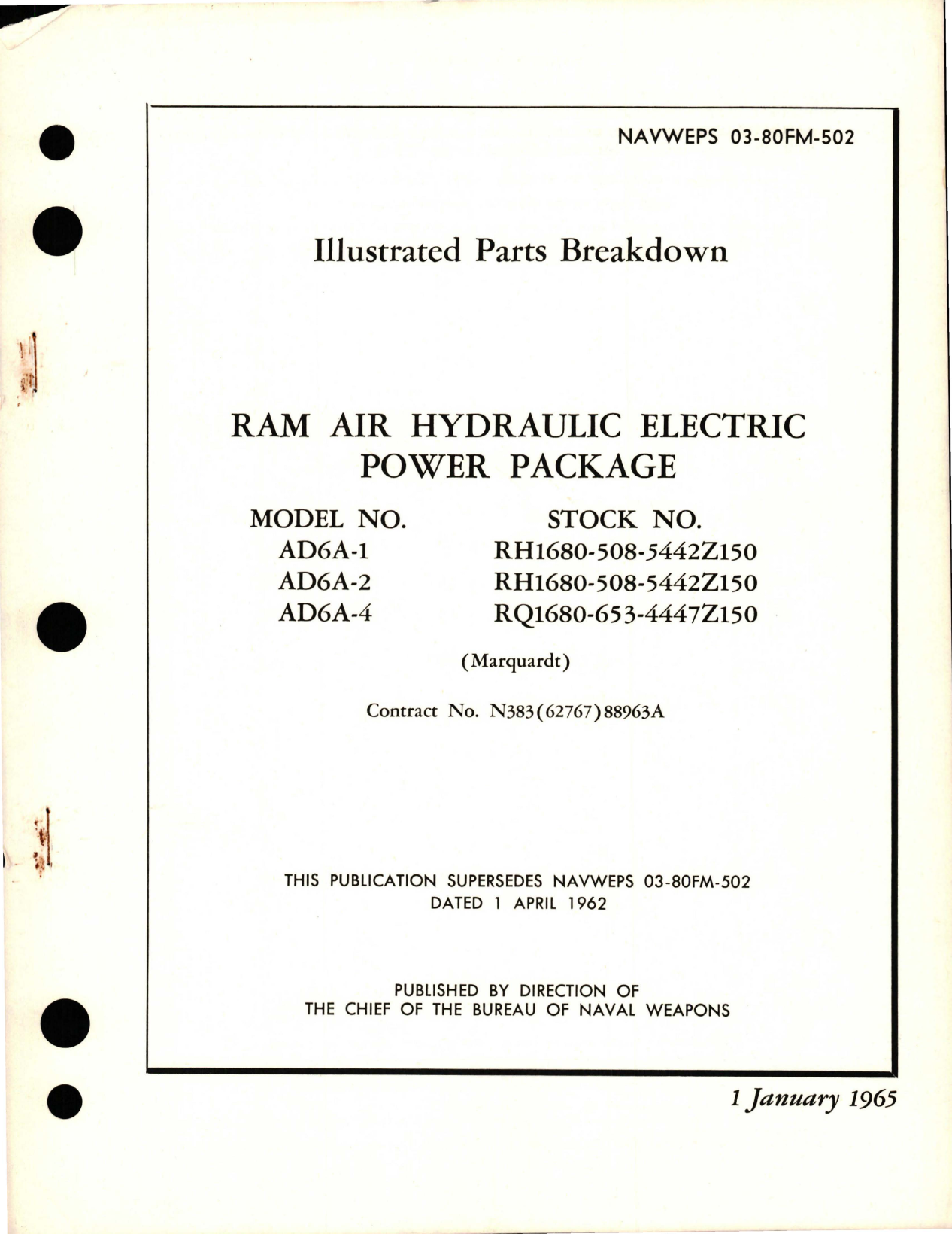 Sample page 1 from AirCorps Library document: Illustrated Parts Breakdown for Ram Air Hydraulic Electric Power Package - Models AD6A-1, AD6A-2, and AD6A-4