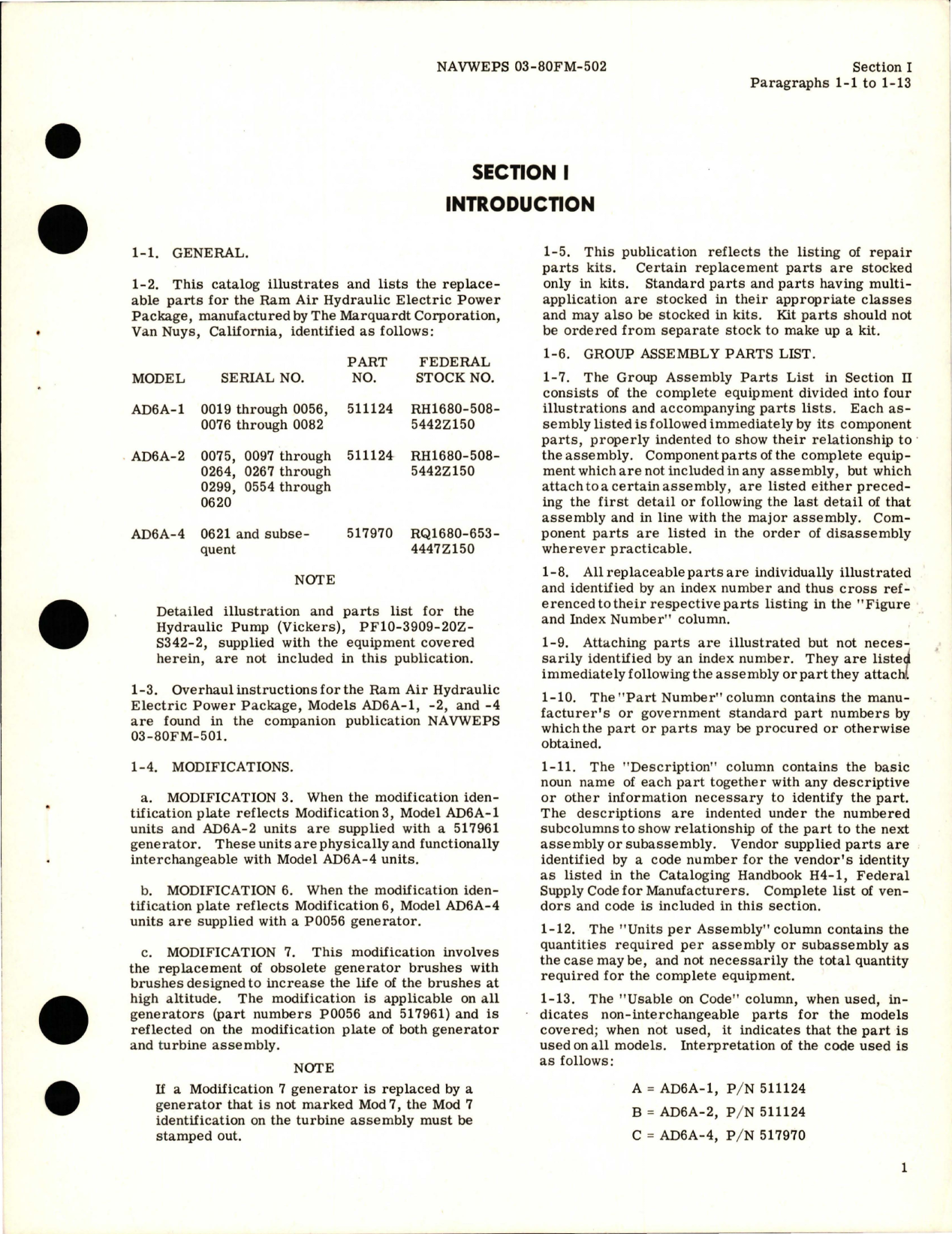 Sample page 5 from AirCorps Library document: Illustrated Parts Breakdown for Ram Air Hydraulic Electric Power Package - Models AD6A-1, AD6A-2, and AD6A-4