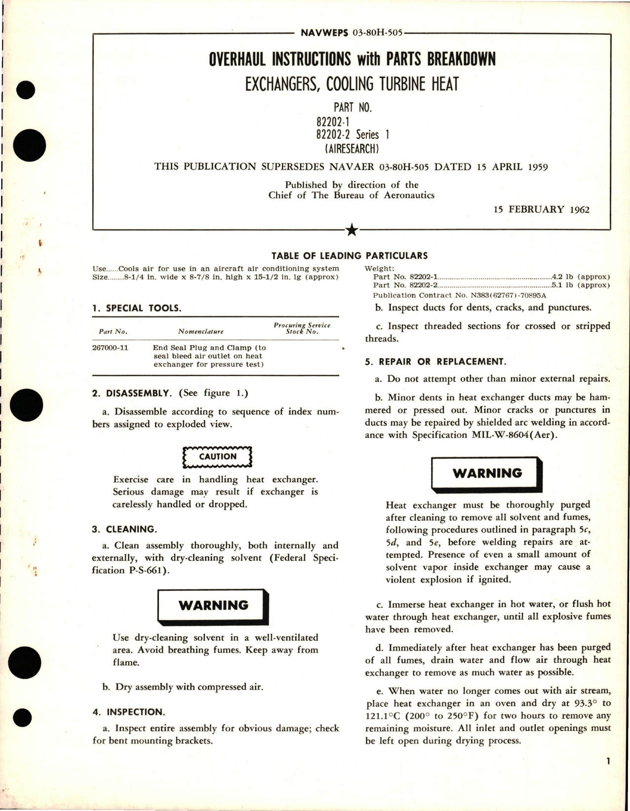 Sample page 1 from AirCorps Library document: Overhaul Instructions with Parts Breakdown for Cooling Turbine Heat Exchangers - Parts 82202-1 and 82202-2 Series 1
