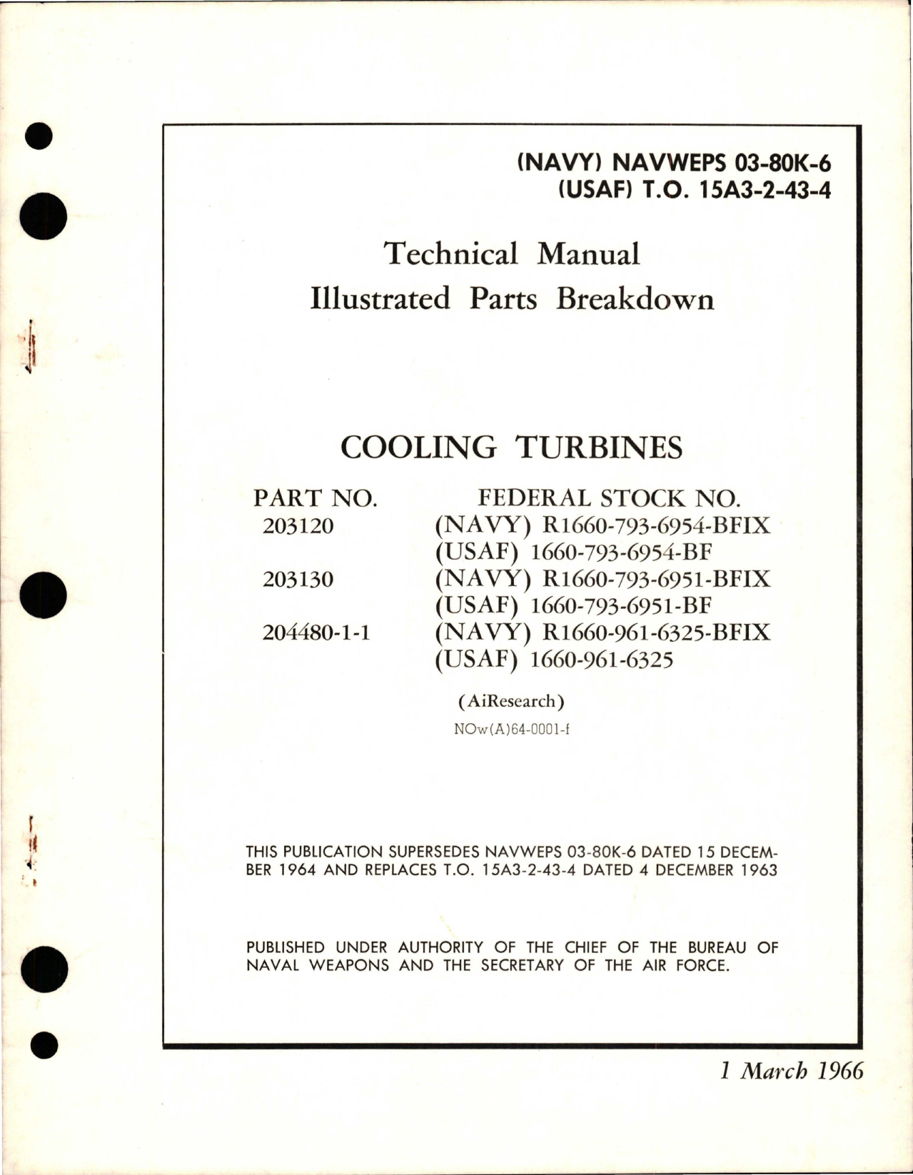 Sample page 1 from AirCorps Library document: Illustrated Parts Breakdown for Cooling Turbines - Parts 203120, 203130, and 204480-1-1