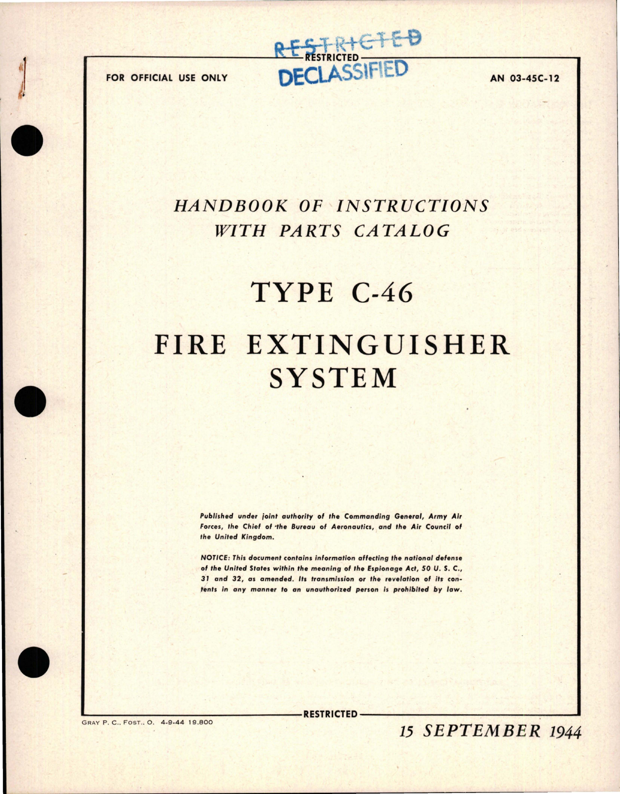 Sample page 1 from AirCorps Library document: Instructions with Parts Catalog for Fire Extinguisher System - Type C-46