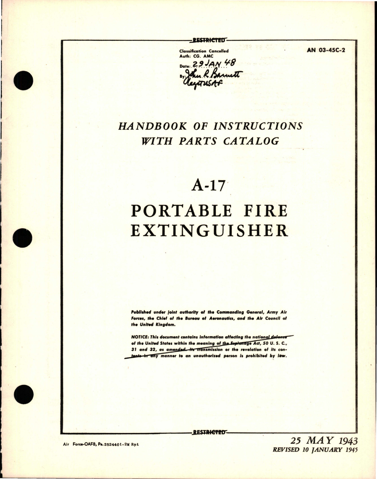 Sample page 1 from AirCorps Library document: Instructions with Parts Catalog for Portable Fire Extinguisher - A-17