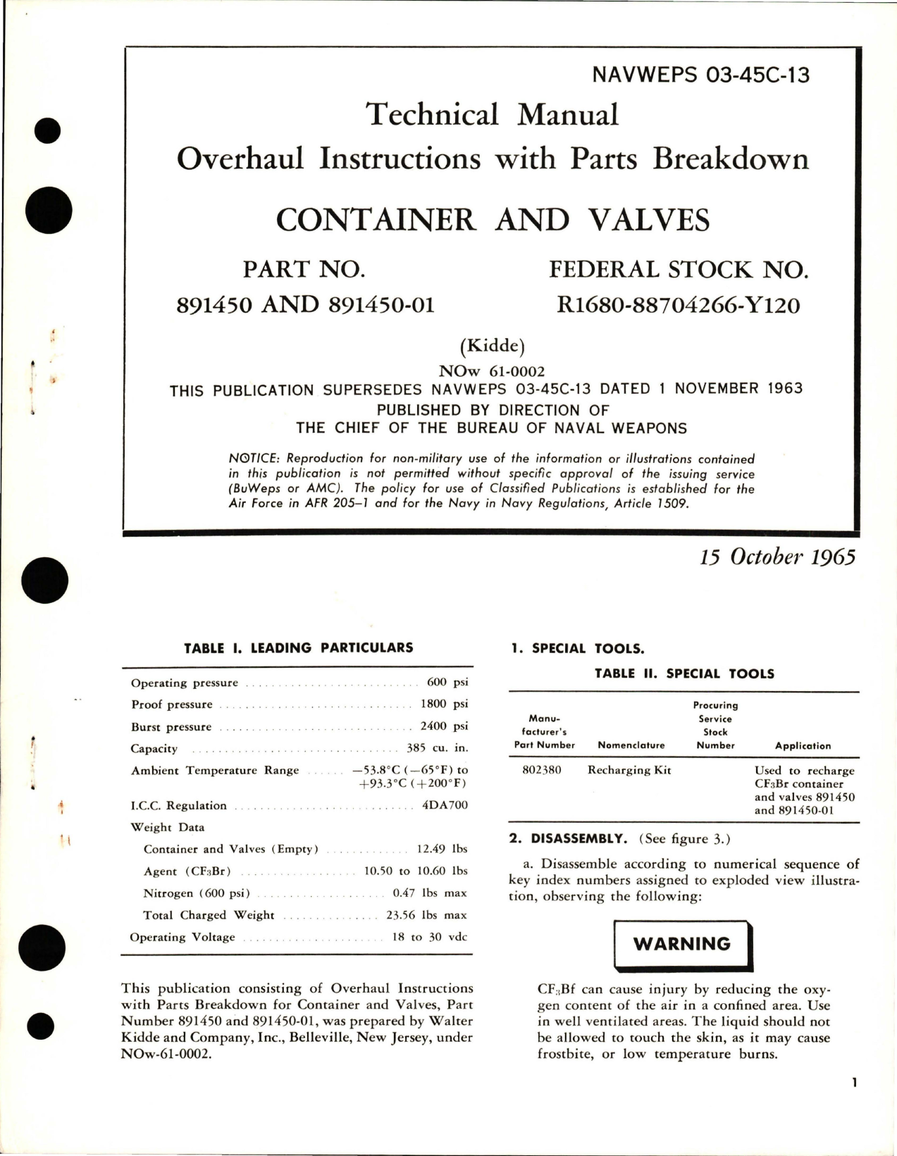 Sample page 1 from AirCorps Library document: Overhaul Instructions with Parts Breakdown for Container and Valves - Parts 891450 and 891450-01 
