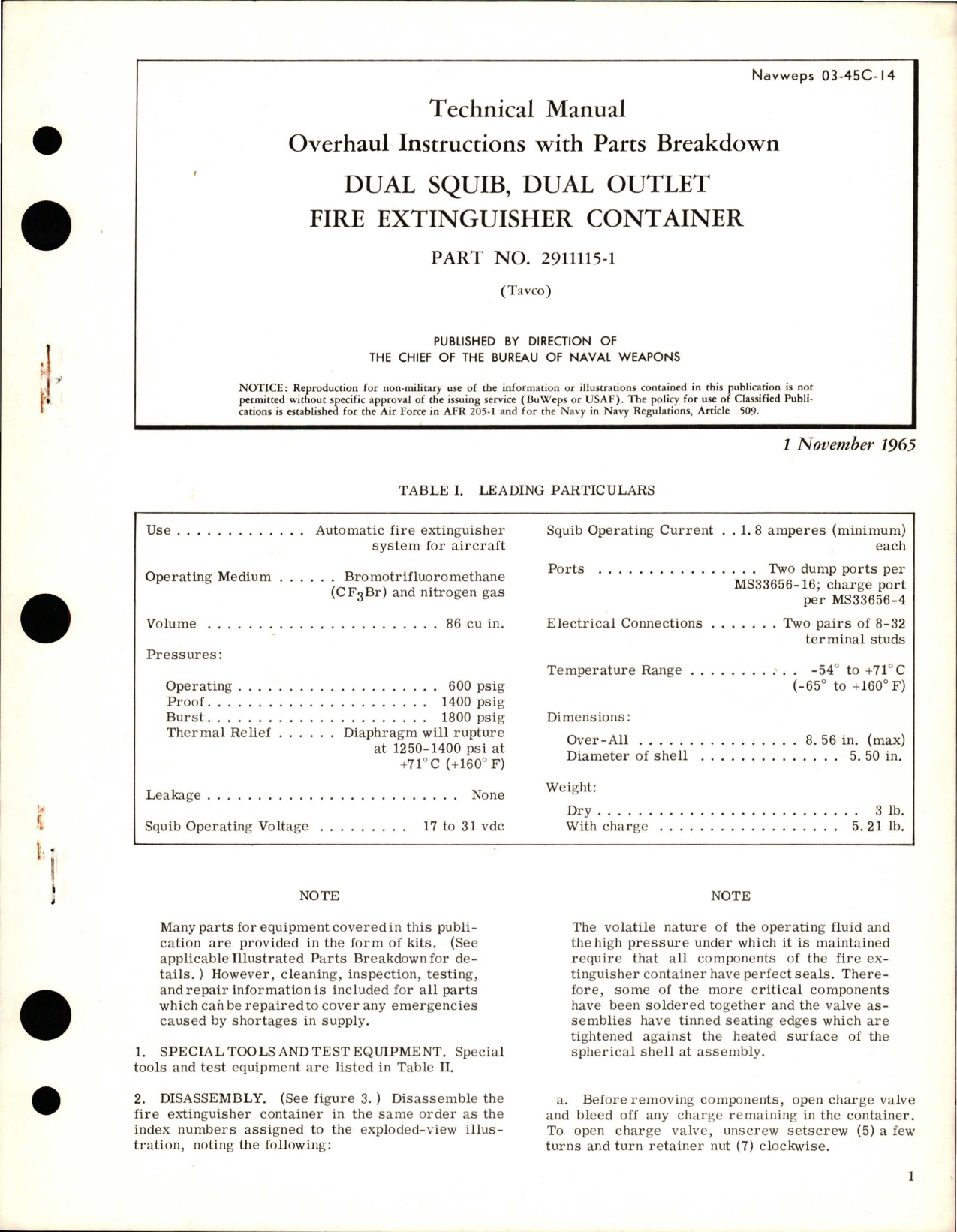 Sample page 1 from AirCorps Library document: Overhaul Instructions with Parts for Dual Squib - Dual Outlet Fire Extinguisher Container - Part 2911115-1