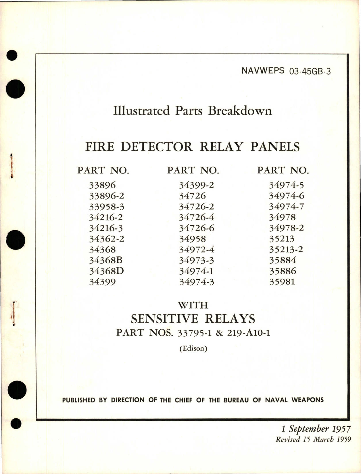 Sample page 1 from AirCorps Library document: Illustrated Parts Breakdown for Fire Detector Relay Panels with Sensitive Relays