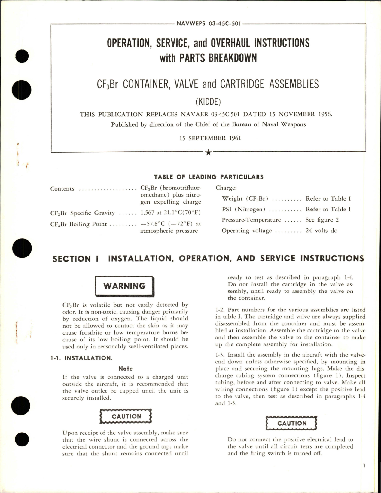 Sample page 1 from AirCorps Library document: Operation, Service and Overhaul Instructions with Parts Breakdown for CF3Br Container, Valve and Cartridge Assemblies