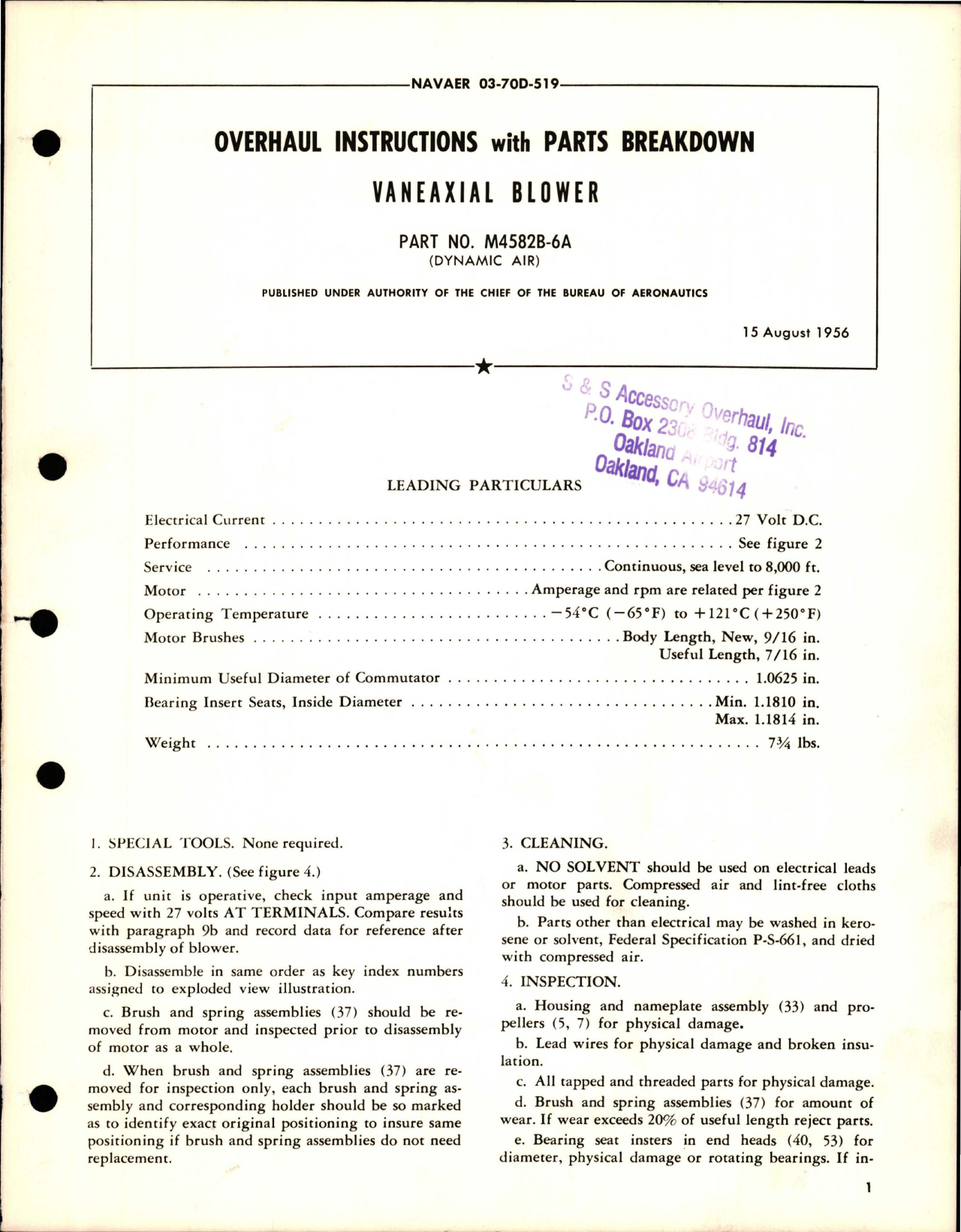 Sample page 1 from AirCorps Library document: Overhaul Instructions with Parts Breakdown for Vaneaxial Blower - Part M4582B-6A 