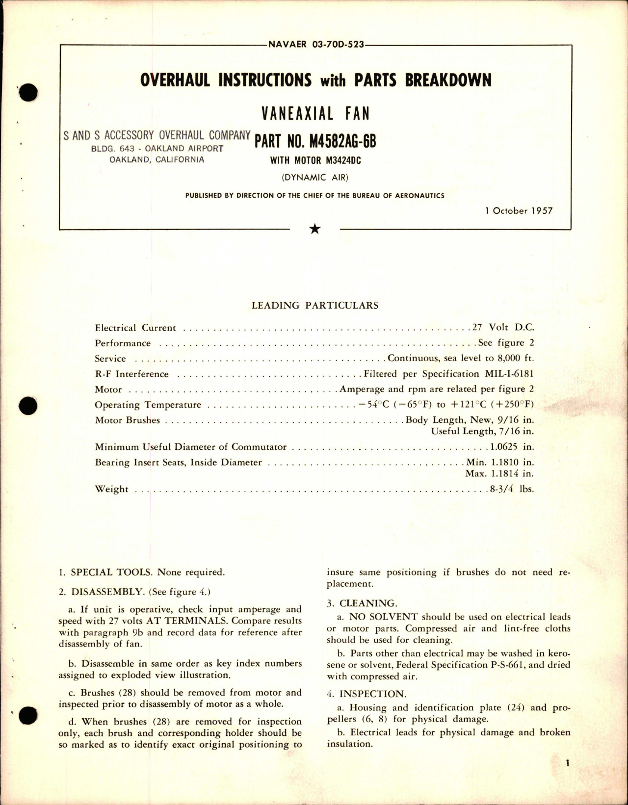 Sample page 1 from AirCorps Library document: Overhaul Instructions with Parts Breakdown for Vaneaxial Fan - Part M4582AG-6B with Motor M3424DC 