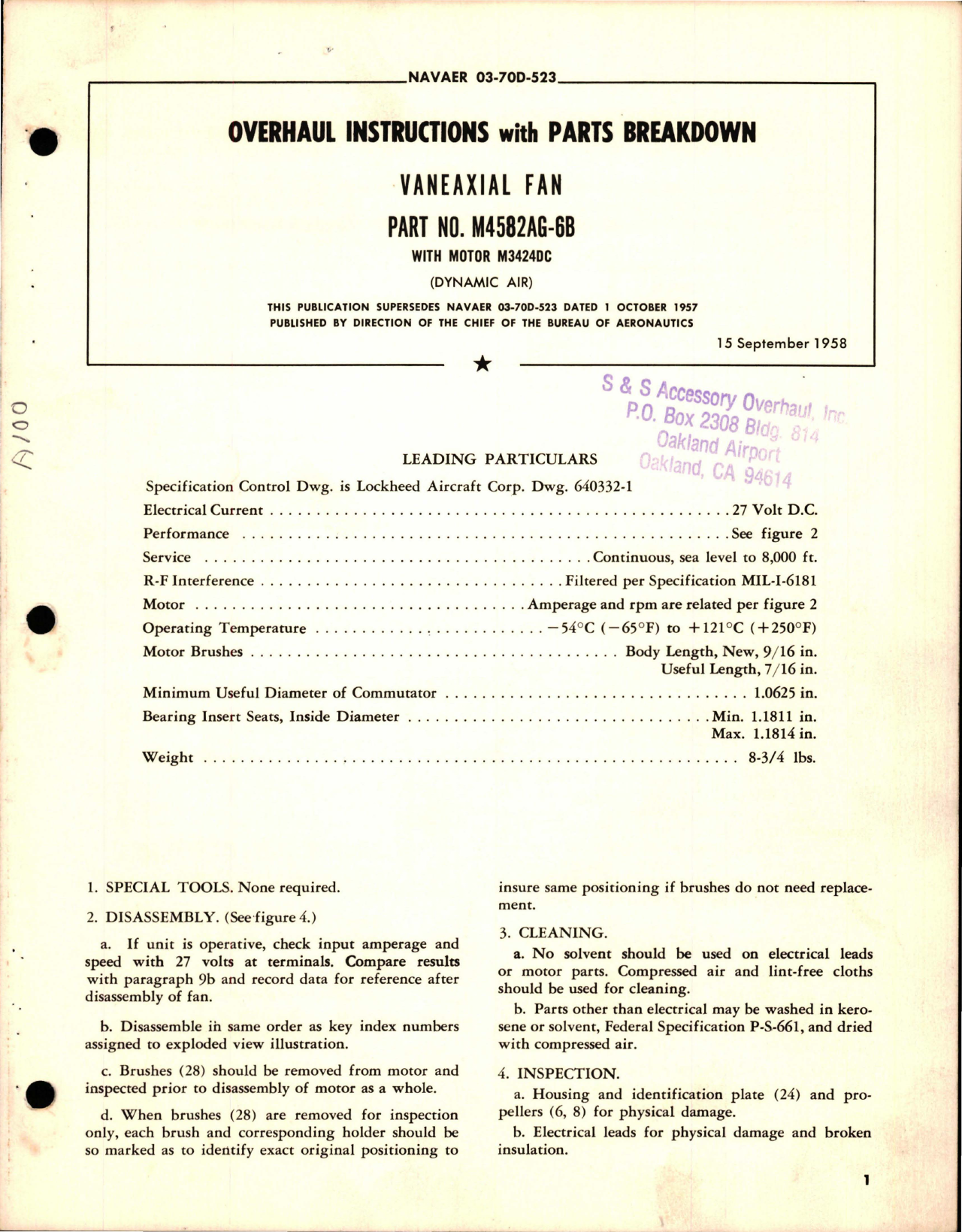 Sample page 1 from AirCorps Library document: Overhaul Instructions with Parts Breakdown for Vaneaxial Fan - Part M4582AG-6B with Motor M3424DC
