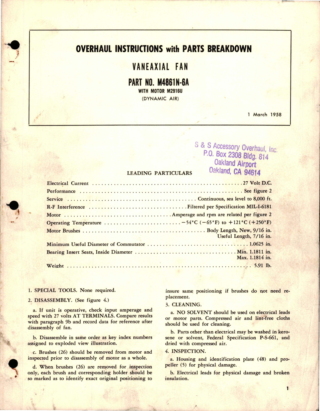 Sample page 1 from AirCorps Library document: Overhaul Instructions with Parts Breakdown for Vaneaxial Fan - Part M4861N-6A with Motor M2916U