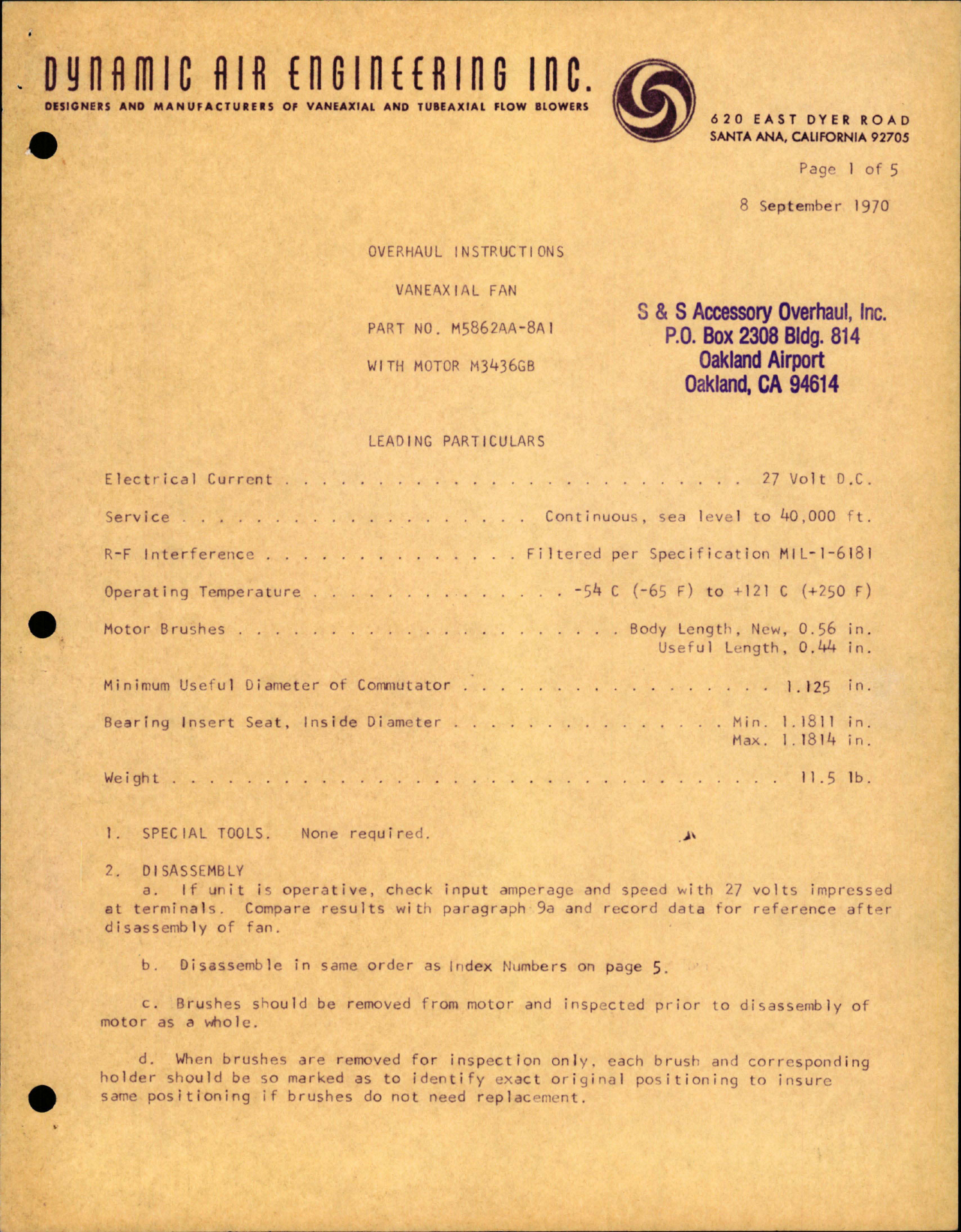 Sample page 1 from AirCorps Library document: Overhaul Instructions for Vaneaxial Fan - Part M5862AA-8A1 with Motor M3436GB 