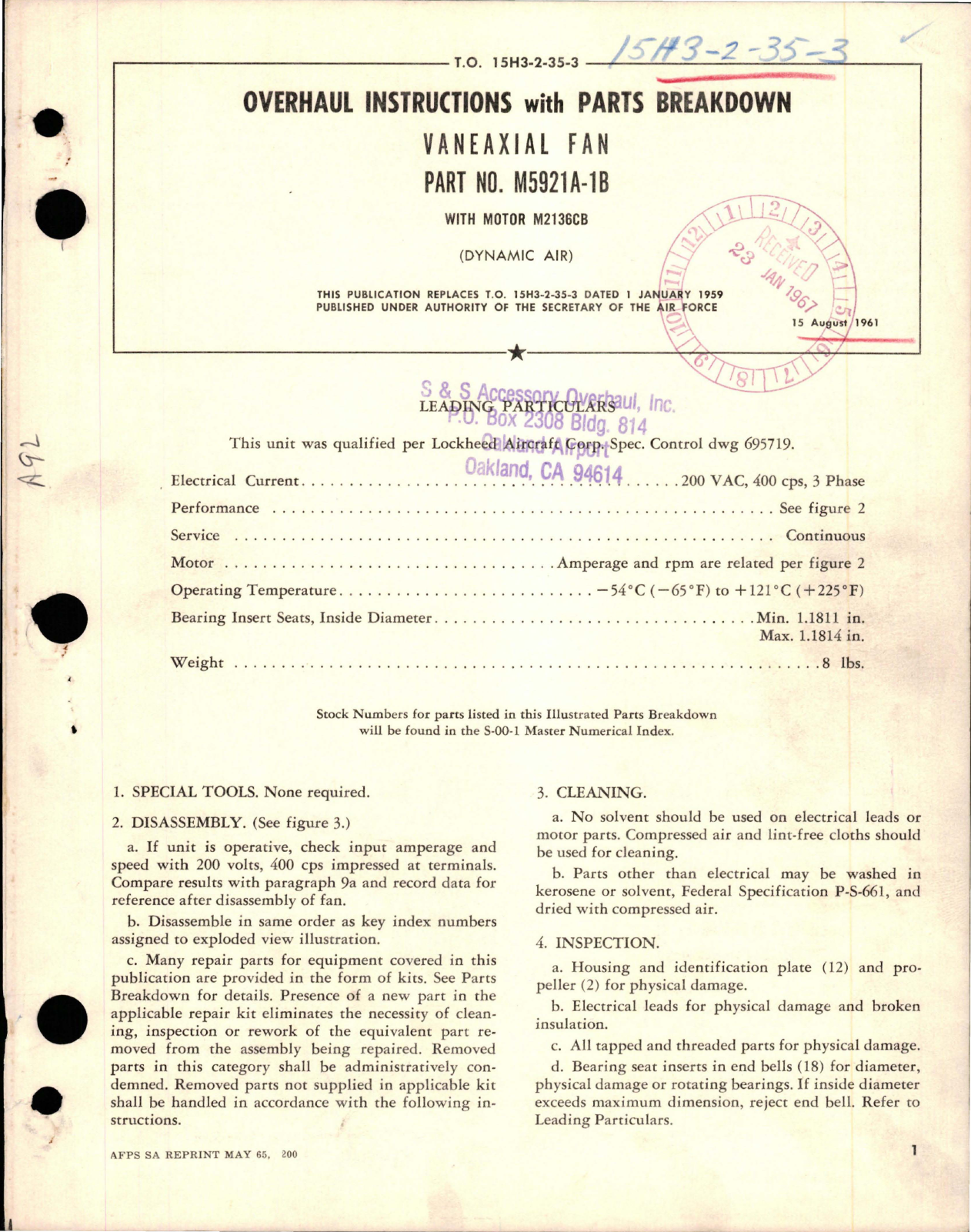 Sample page 1 from AirCorps Library document: Overhaul Instructions with Parts Breakdown for Vaneaxial Fan - Part M5921A-1B with Motor M2136CB 