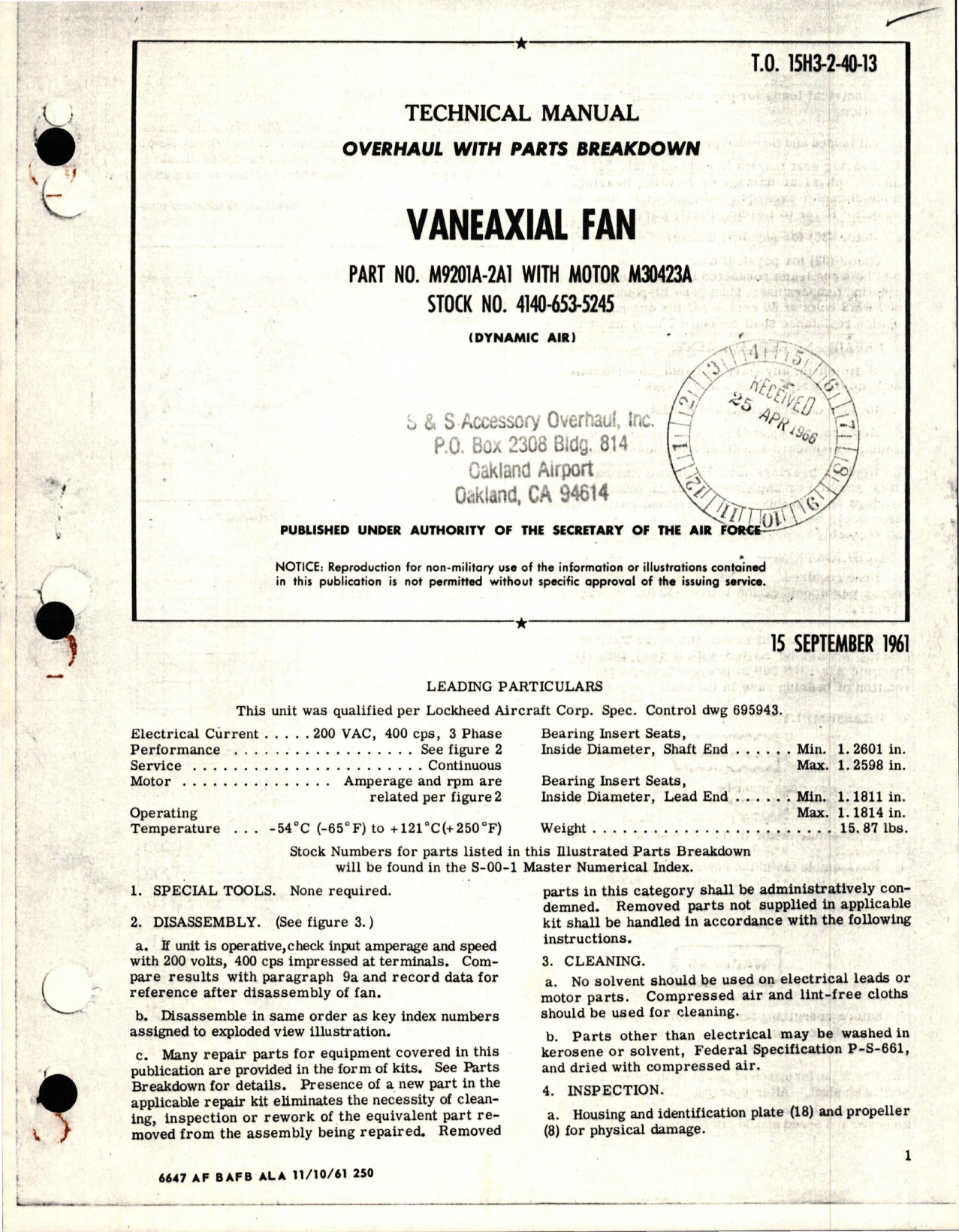 Sample page 1 from AirCorps Library document: Overhaul with Parts Breakdown for Vaneaxial Fan - Part M9201A-2A1 with Motor M30423A 