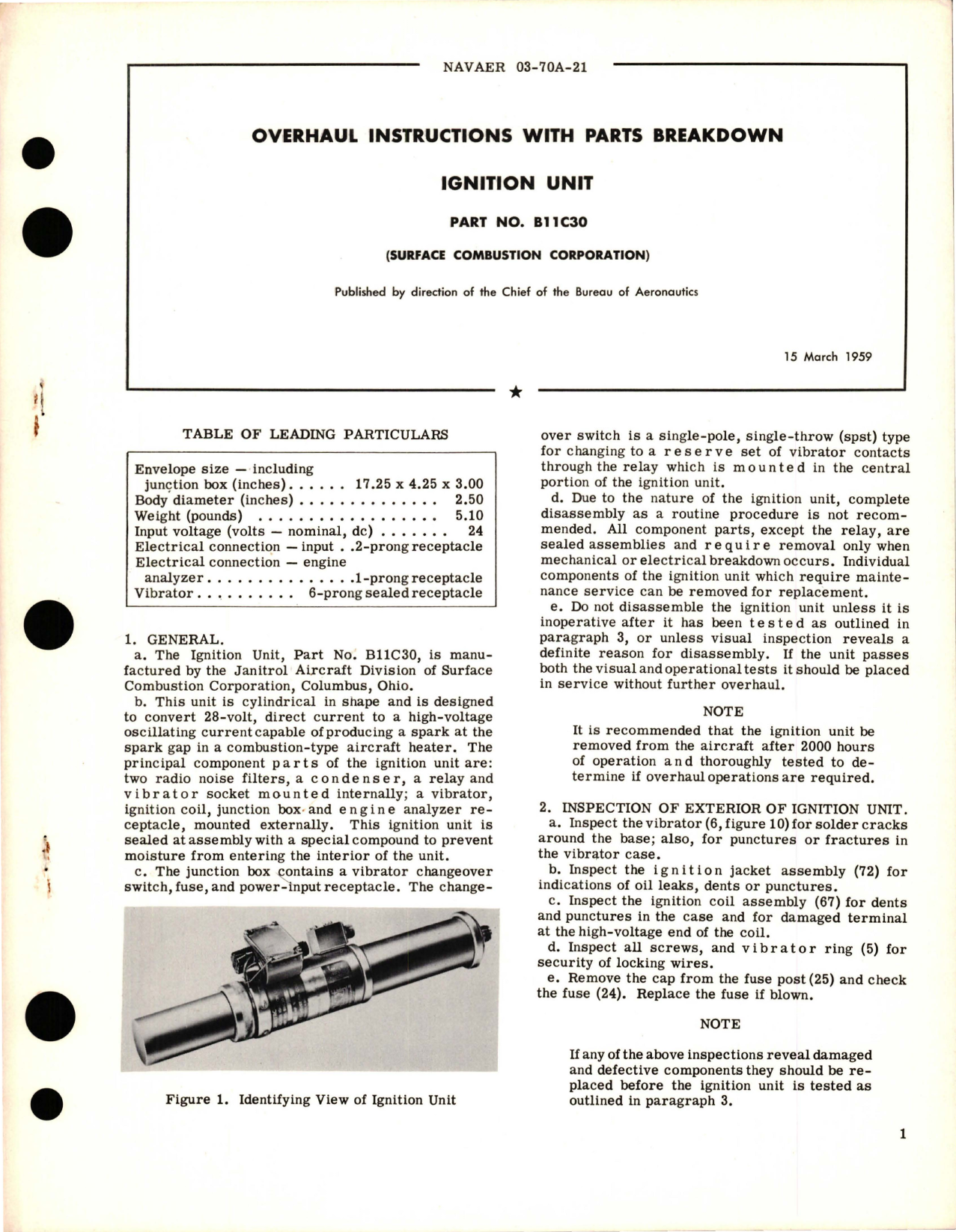 Sample page 1 from AirCorps Library document: Overhaul Instructions with Parts Breakdown for Ignition Unit - Part B11C30 