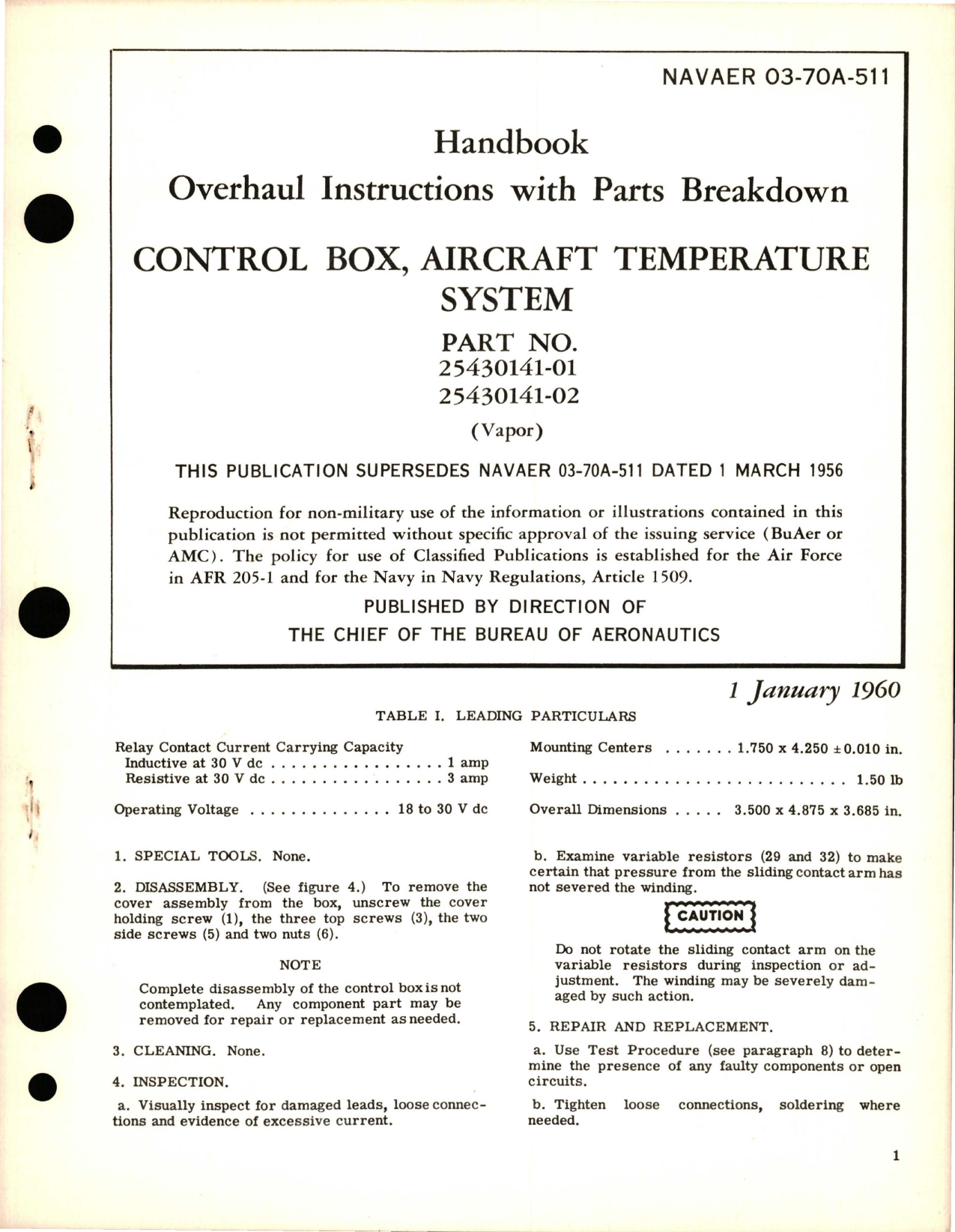 Sample page 1 from AirCorps Library document: Overhaul Instructions with Parts Breakdown for Temperature System Control Box - Parts 25430141-41 and 25430141-02