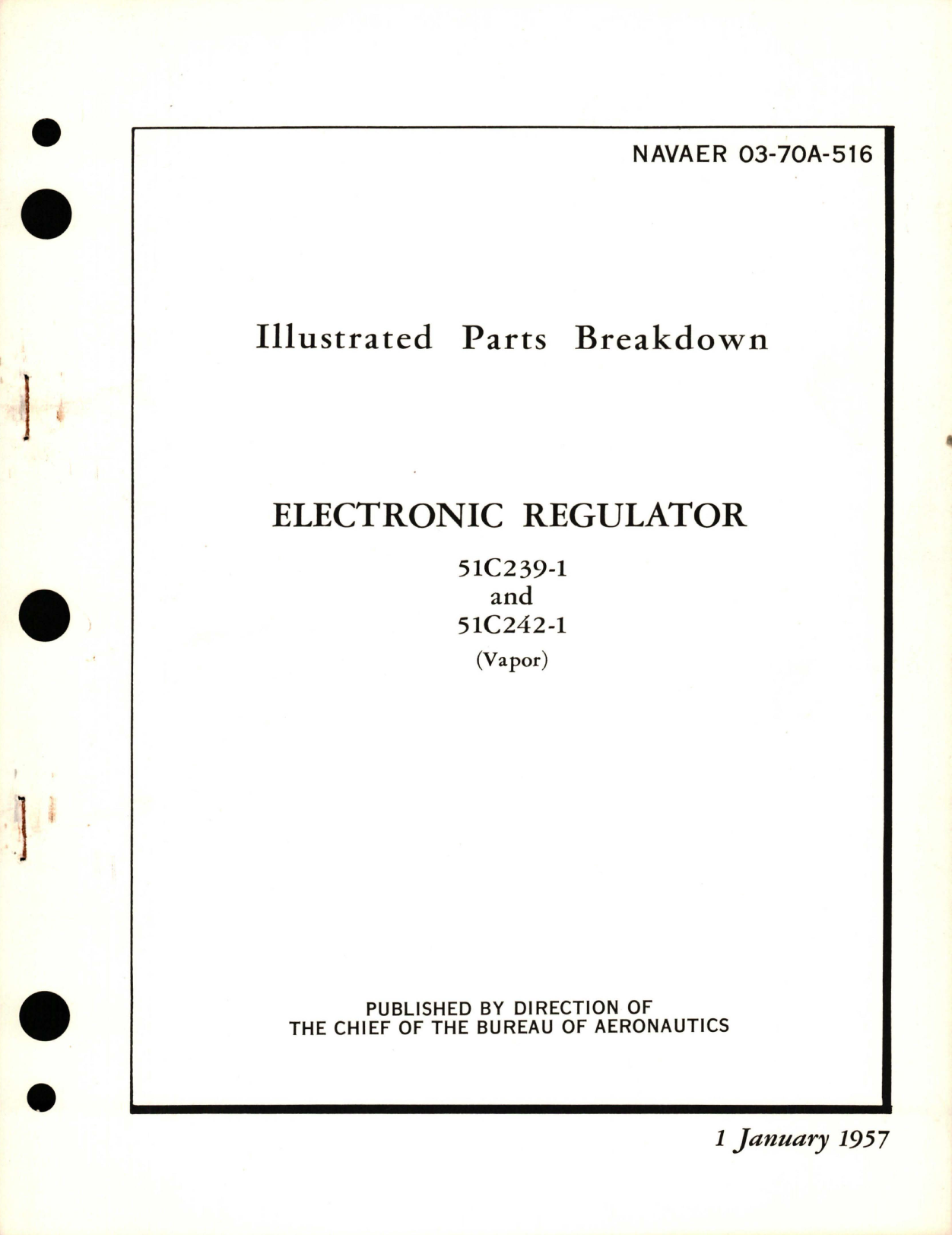 Sample page 1 from AirCorps Library document: Illustrated Parts Breakdown for Electronic Regulator - 51C239-1 and 51C242-1