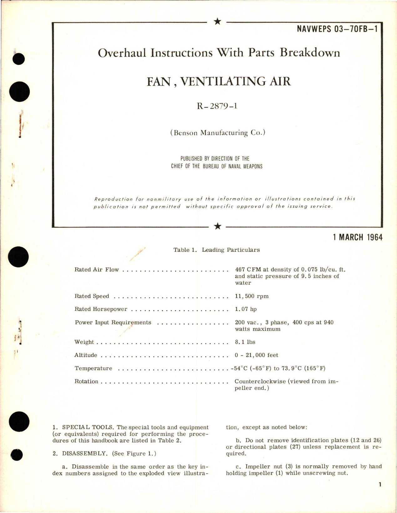 Sample page 1 from AirCorps Library document: Overhaul Instructions with Parts Breakdown for Ventilating Air Fan - R-2879-1