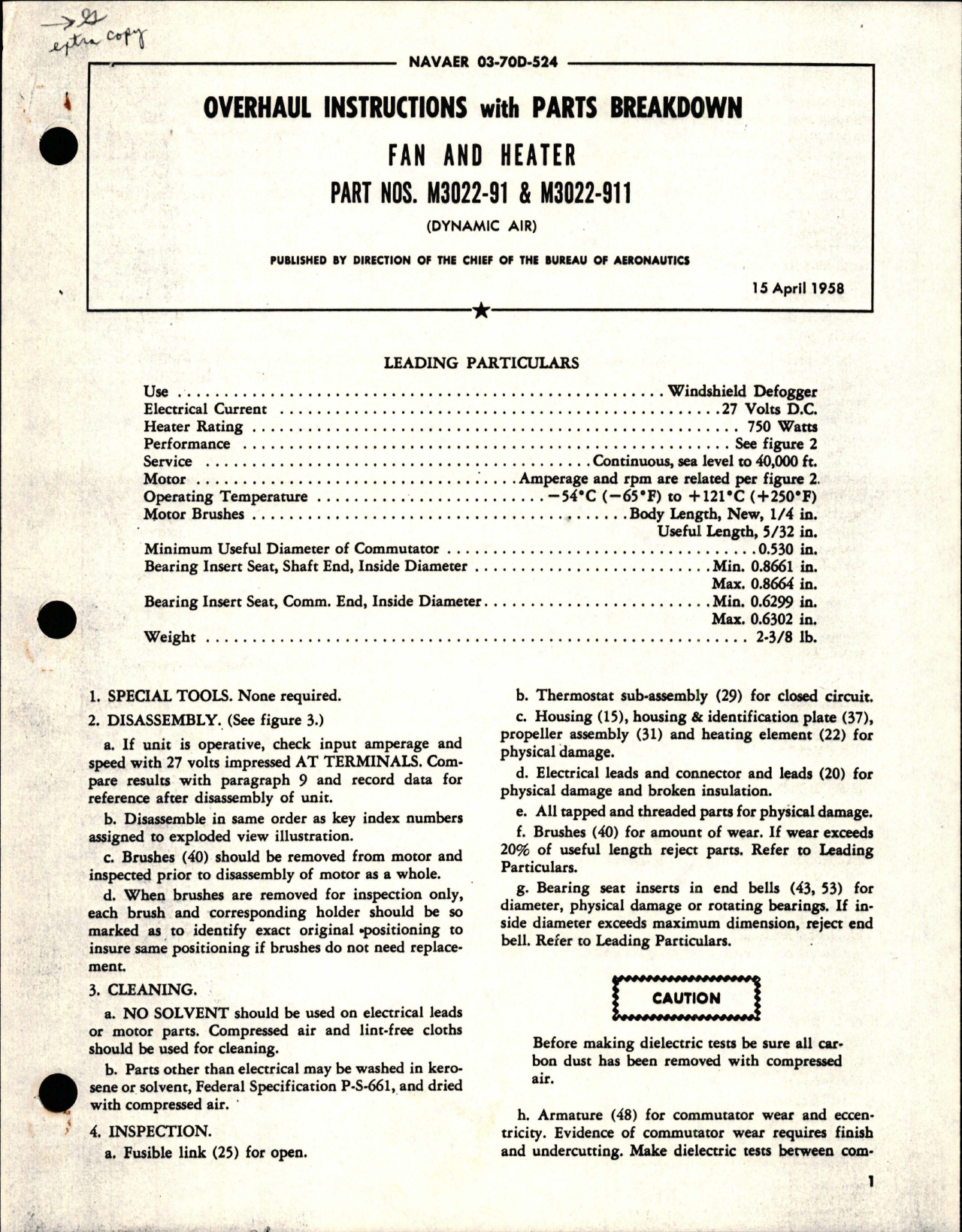 Sample page 1 from AirCorps Library document: Overhaul Instructions with Parts Breakdown for Fan and Heater - Parts M3022-91 and M3022-911