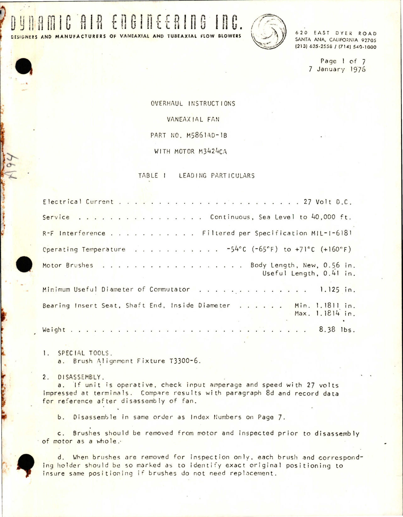 Sample page 1 from AirCorps Library document: Overhaul Instructions for Vaneaxial Fan - Part M5861AD-18 with Motor M3424CA