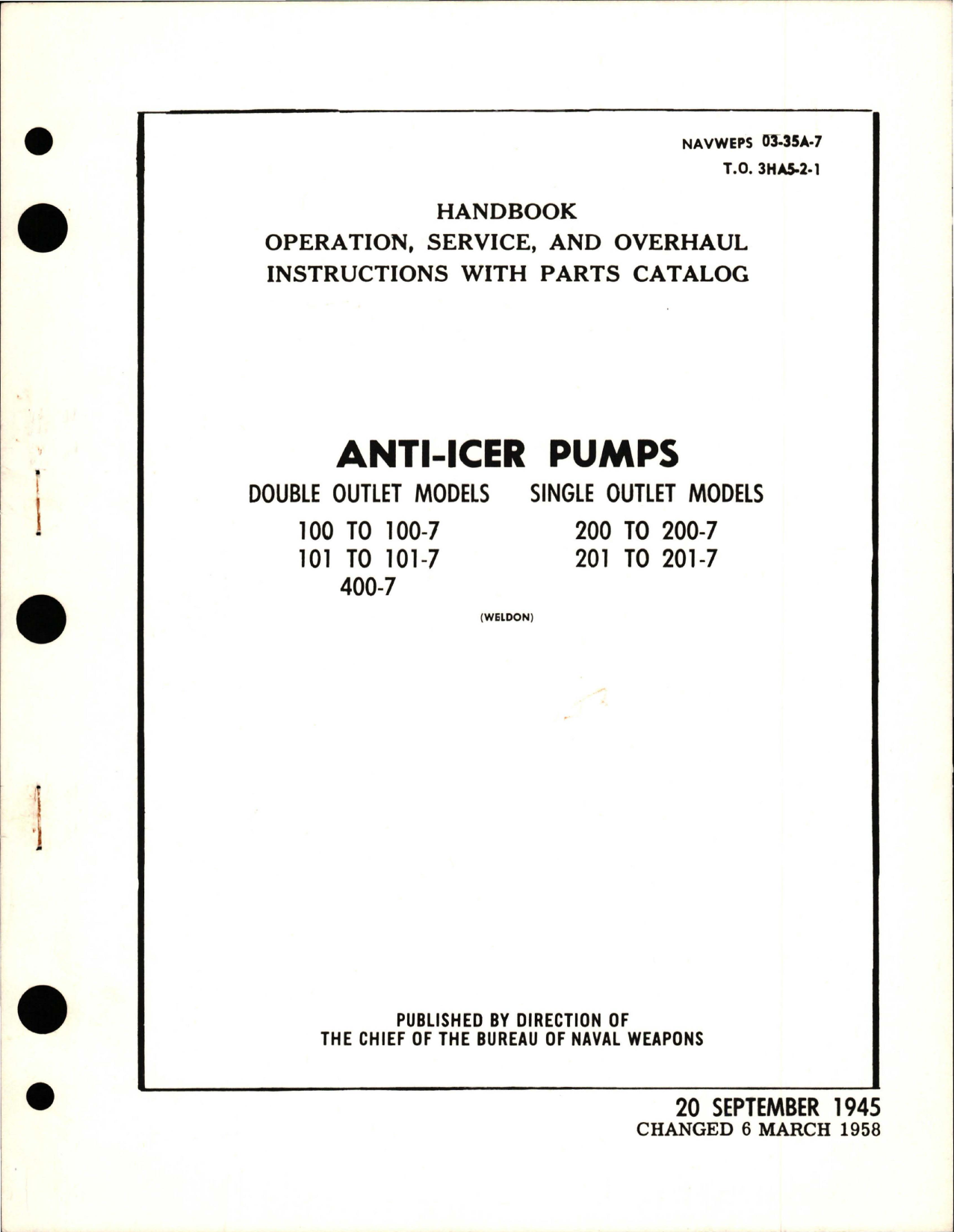 Sample page 1 from AirCorps Library document: Operation, Service and Overhaul Instructions with Parts Catalog for Anti-Icer Pumps - Double Outlet Models 